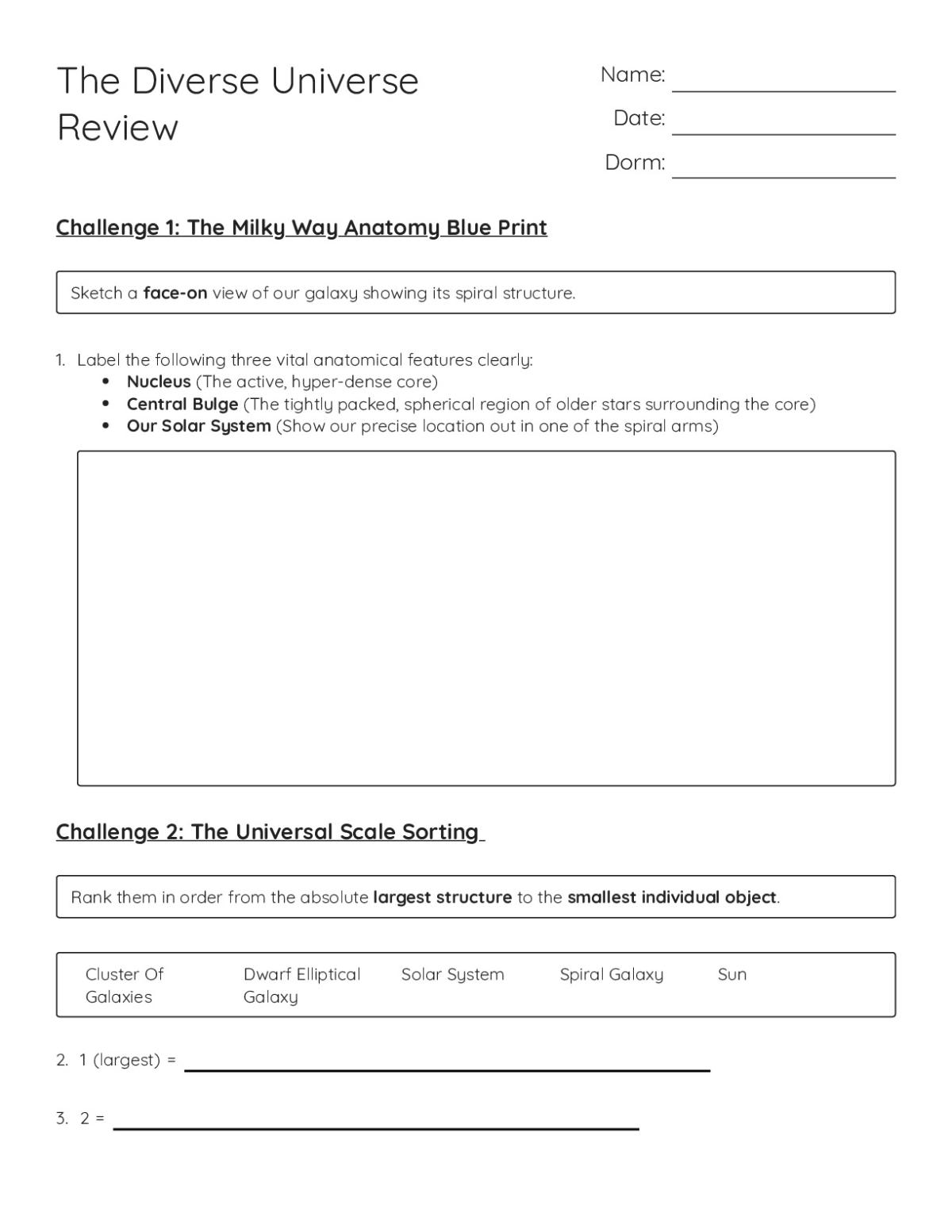Printable 6th grade astronomy worksheet with Milky Way diagram, galaxy classification activities, and questions on galactic structure and scale.