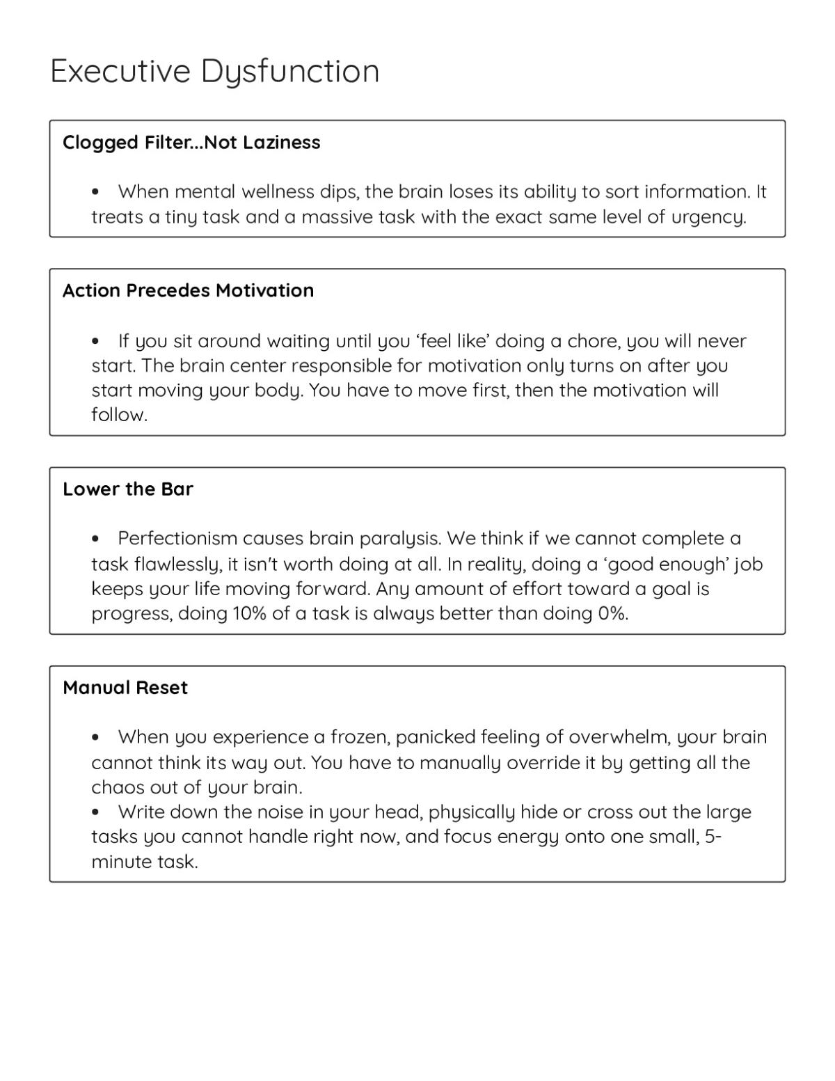 Printable worksheet for 9th graders explaining executive dysfunction and three strategies for managing brain overwhelm.