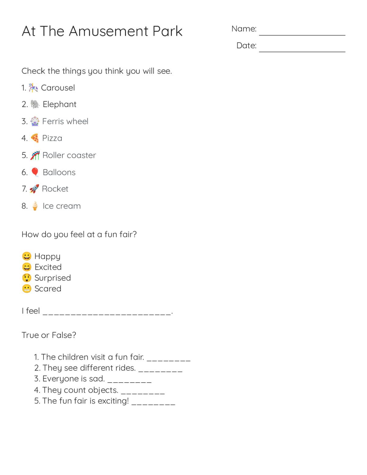2nd grade reading worksheet about an amusement park with checkboxes for rides and objects, true-false questions, and an emotions prompt.