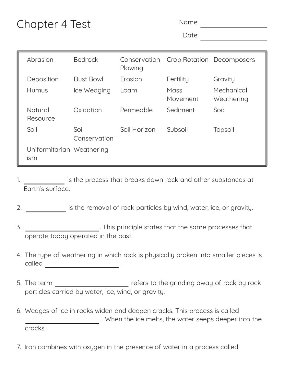 Printable 6th grade science test on soil, weathering, and erosion with vocabulary word bank of 27 earth science terms.