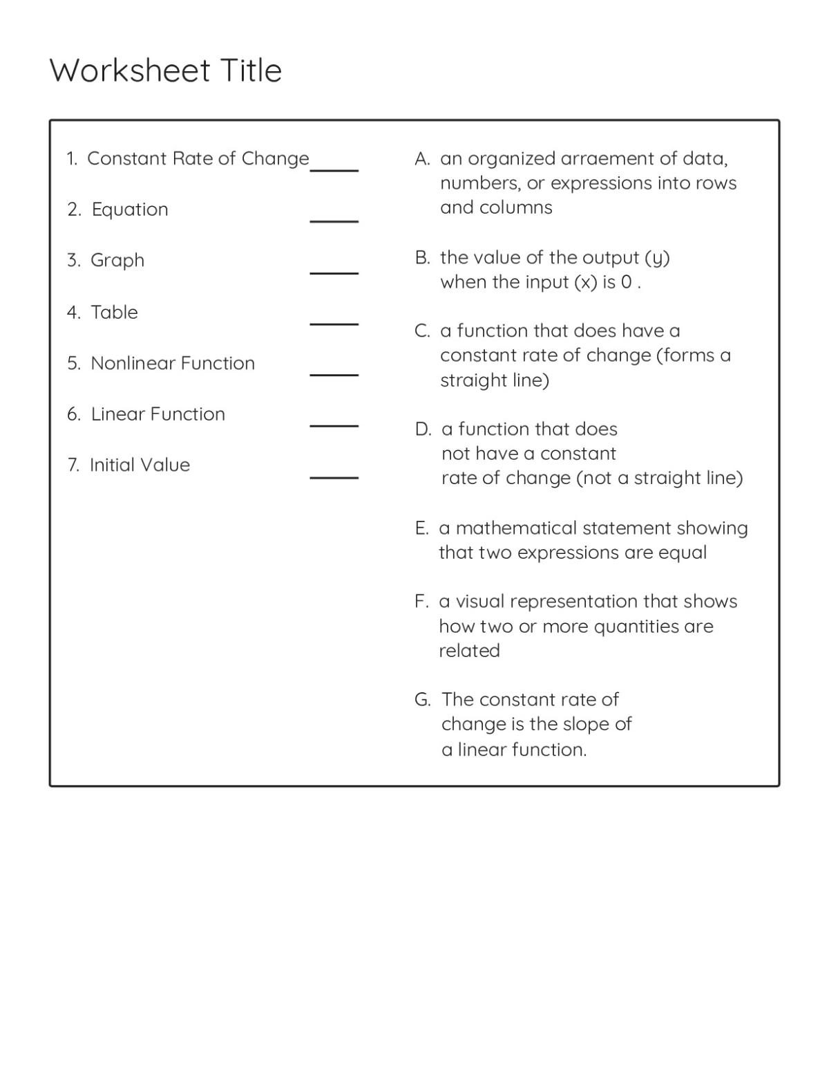 Printable 4th grade math matching worksheet on linear and nonlinear functions vocabulary with seven terms and definitions.