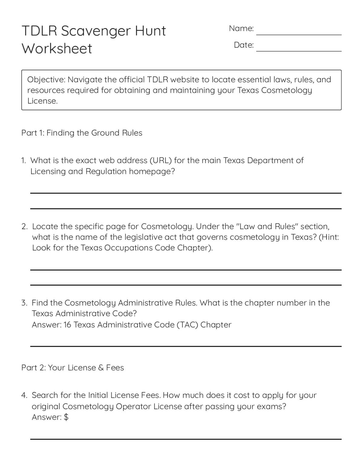 Printable vocational training scavenger hunt worksheet with questions about Texas cosmetology licensing, fees, health standards, and continuing education requirements.