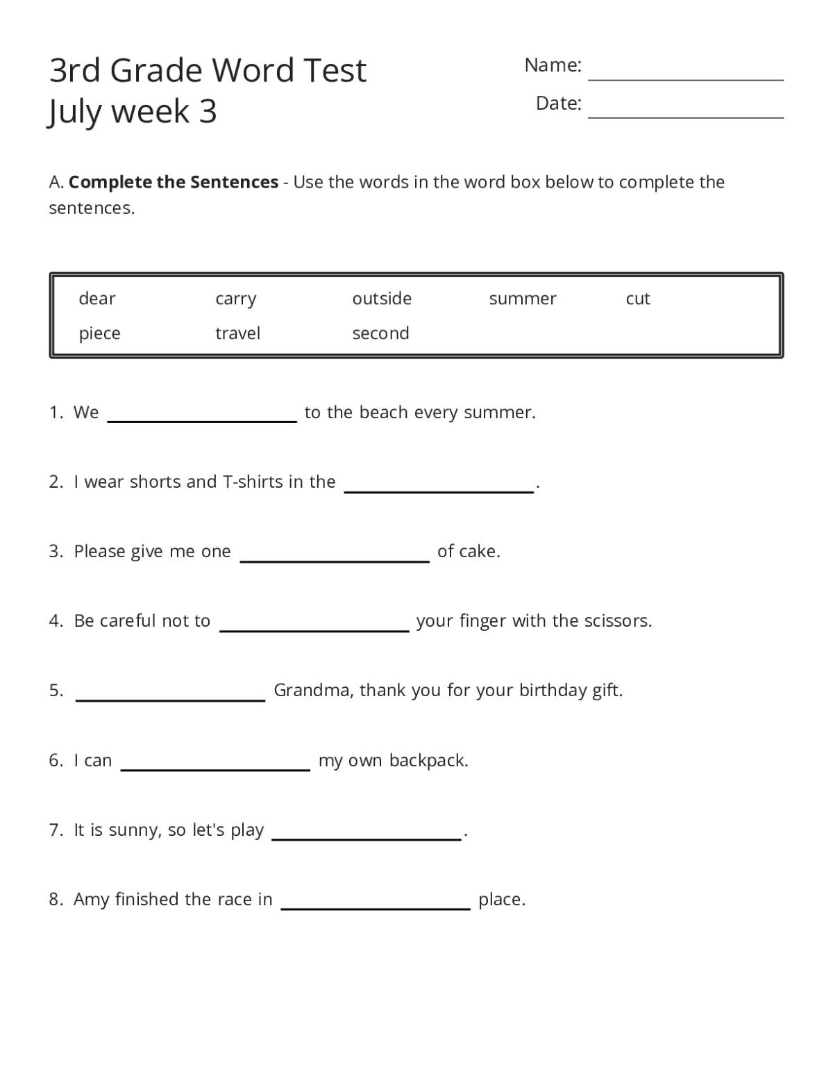 Printable 3rd grade vocabulary worksheet with fill-in-the-blank sentences and word-bank matching section.