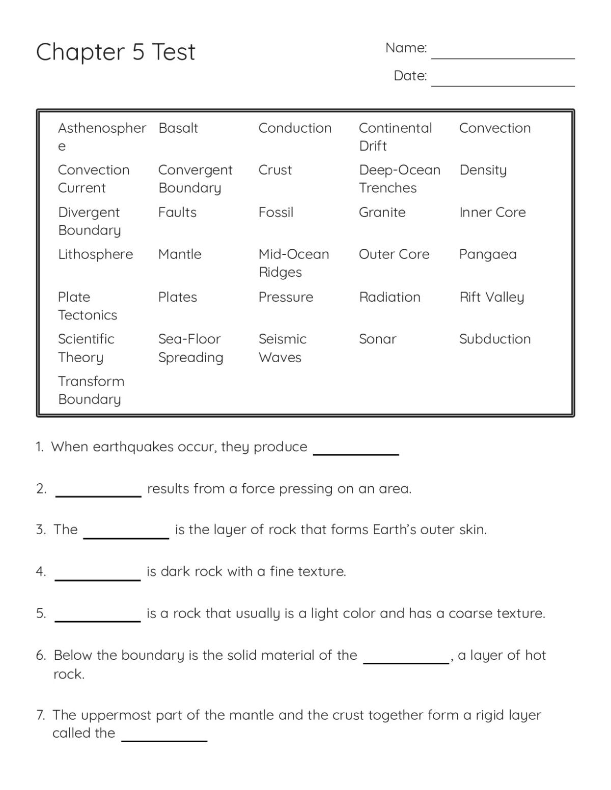 Printable 6th grade earth science test on plate tectonics, Earth's layers, and continental drift with word bank and multiple question types.