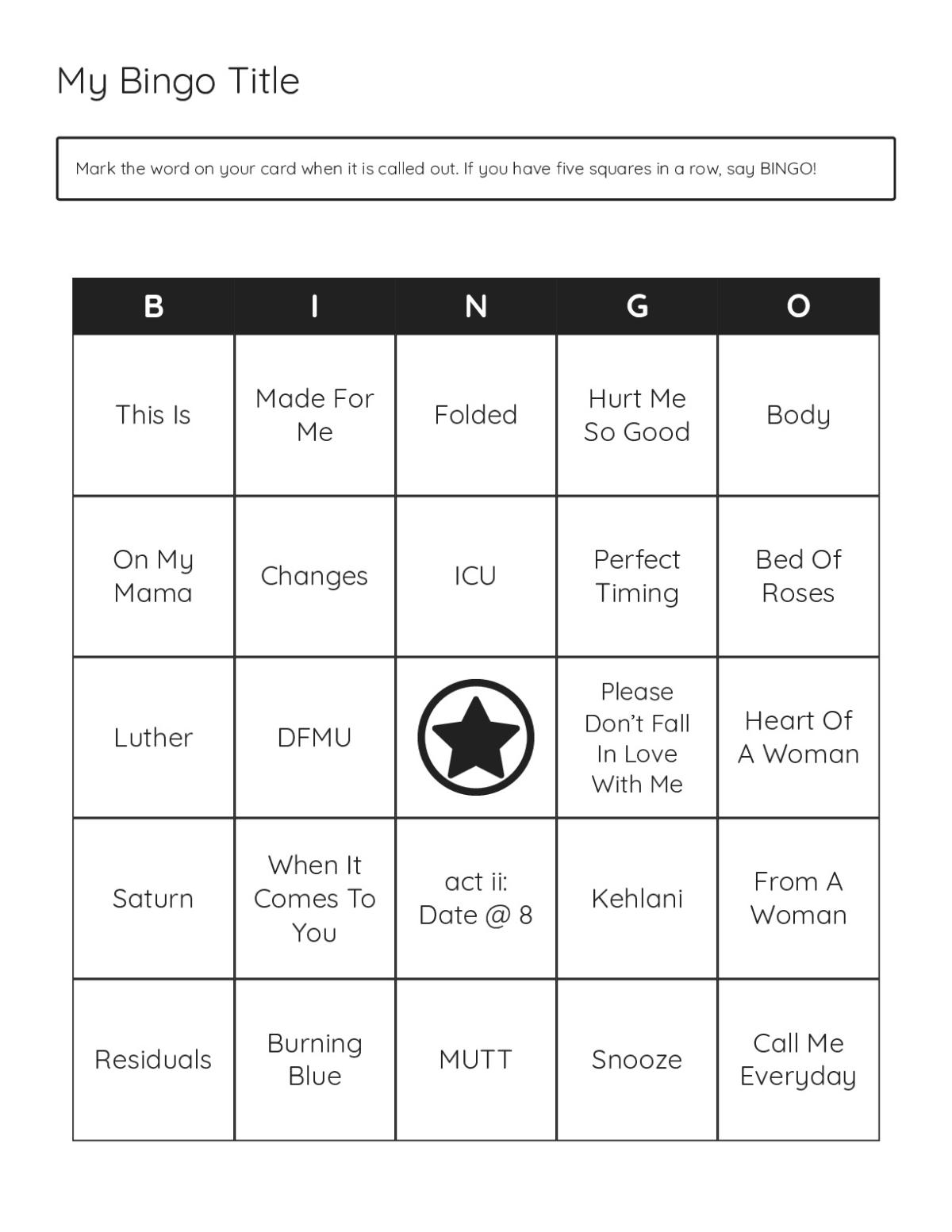 R&B bingo cards with contemporary song titles for music trivia and party games.
