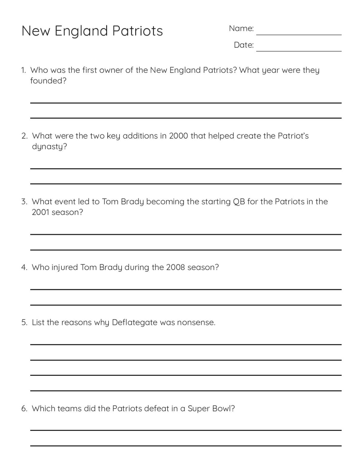 Printable 5th grade sports worksheet with 10 questions about New England Patriots history and Super Bowl championships.