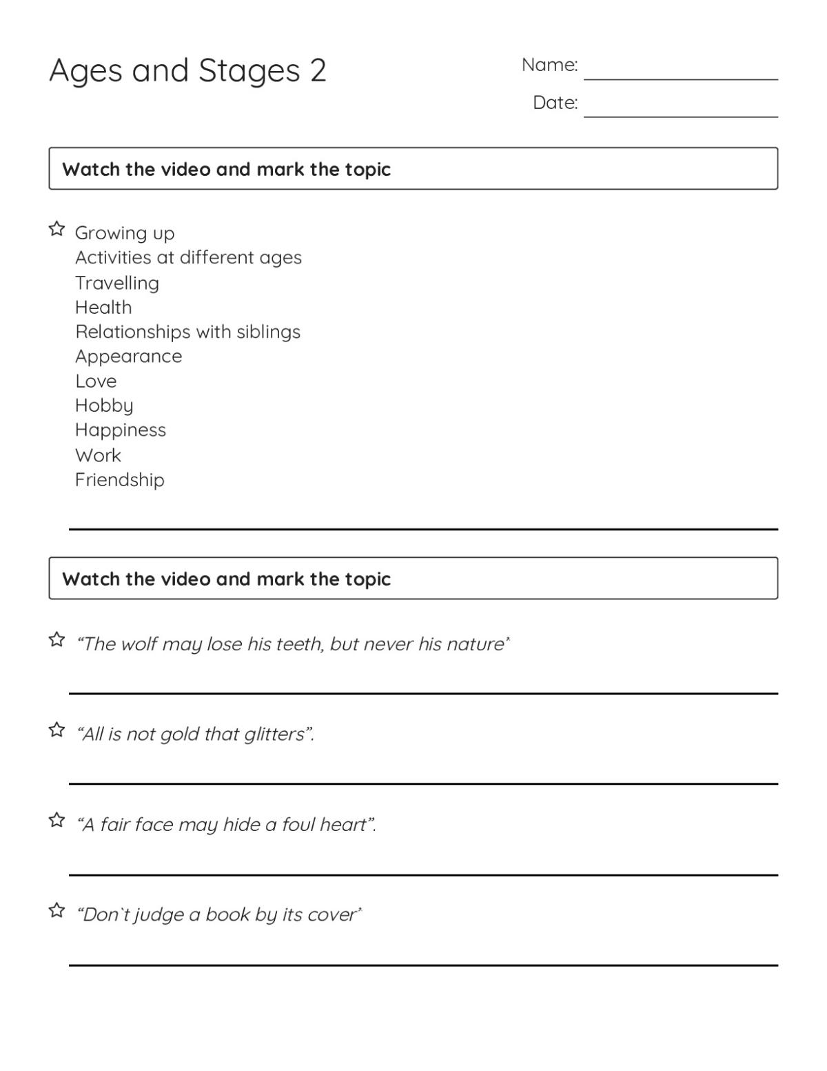 Printable high school ELA worksheet combining video activity and proverbs on themes like growing up, relationships, and judging appearances.