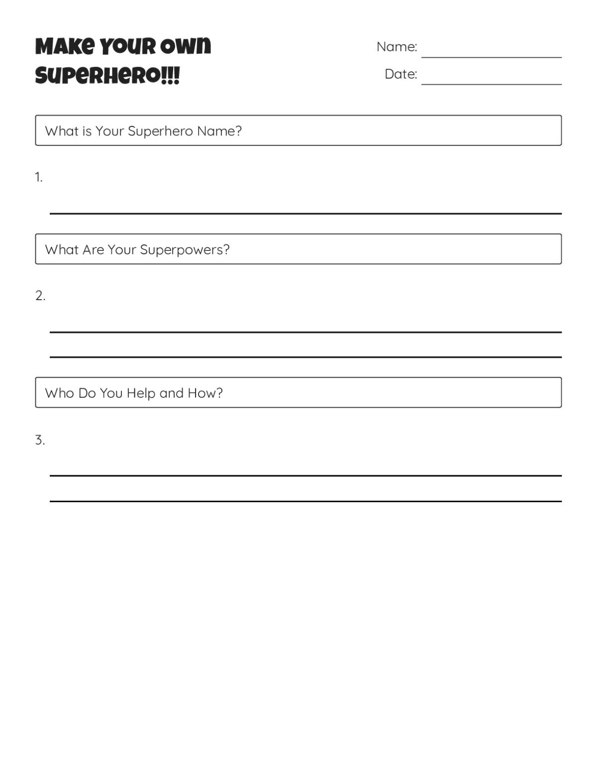 Printable creative-writing worksheet for Grades 2–4 with prompts for students to design their own superhero.