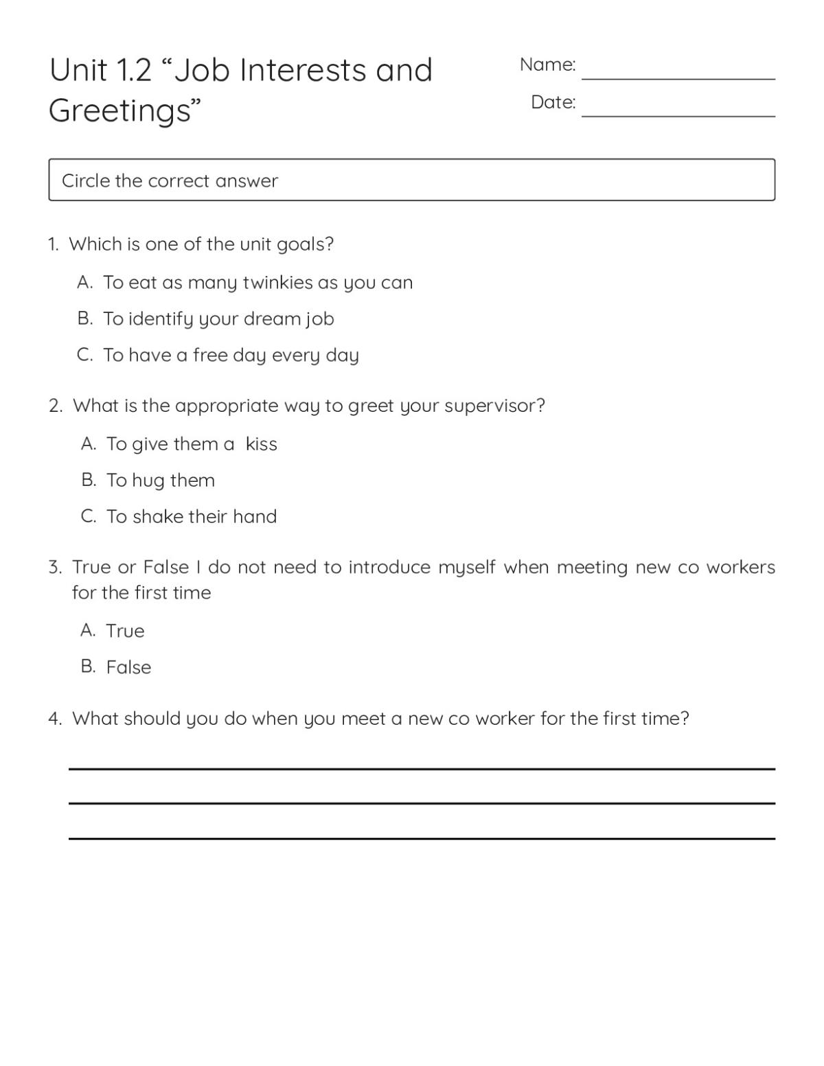 Printable worksheet about workplace greetings and job interests with multiple-choice questions for adult learners.
