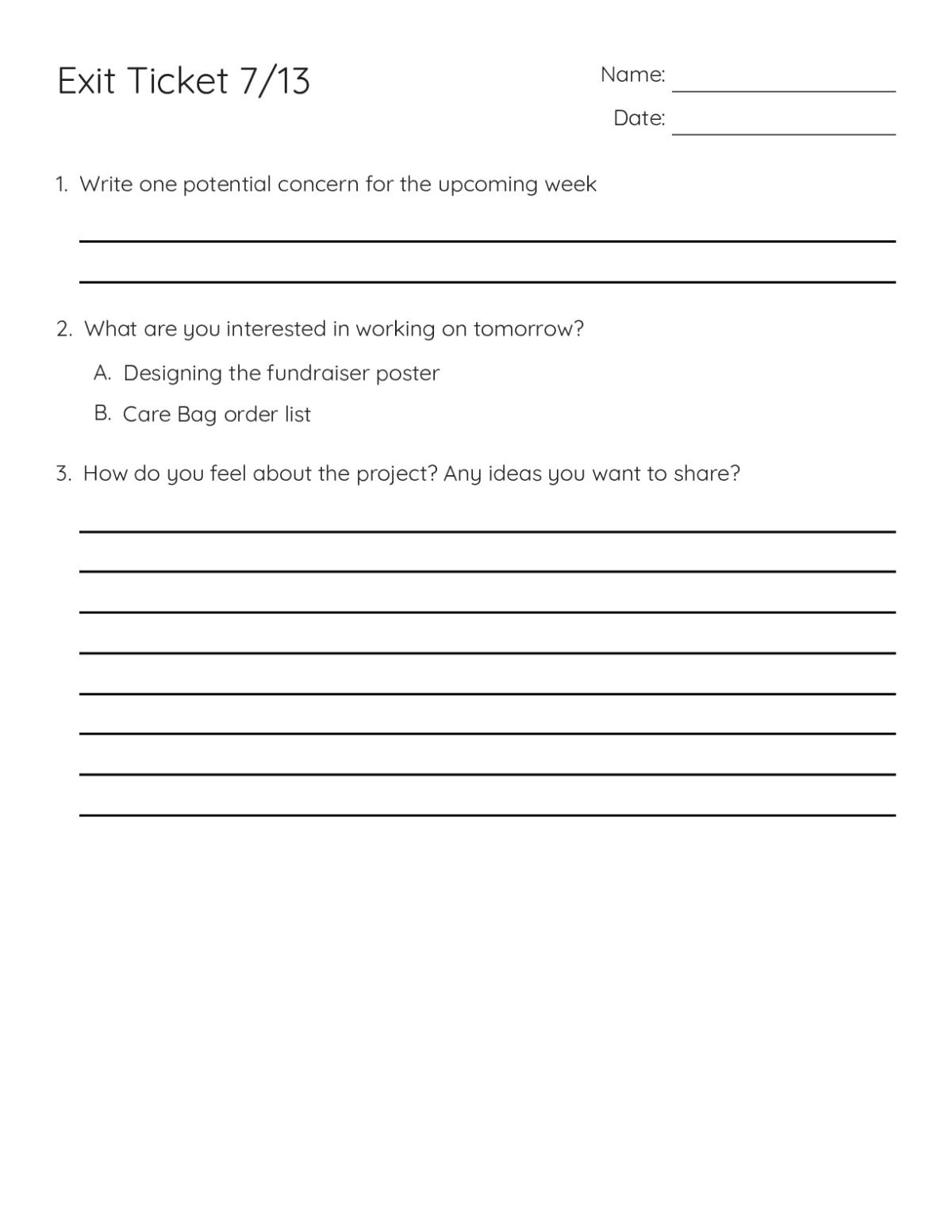 Printable exit ticket for Grades 6–8 with reflection prompts about concerns, interests, and project feelings.