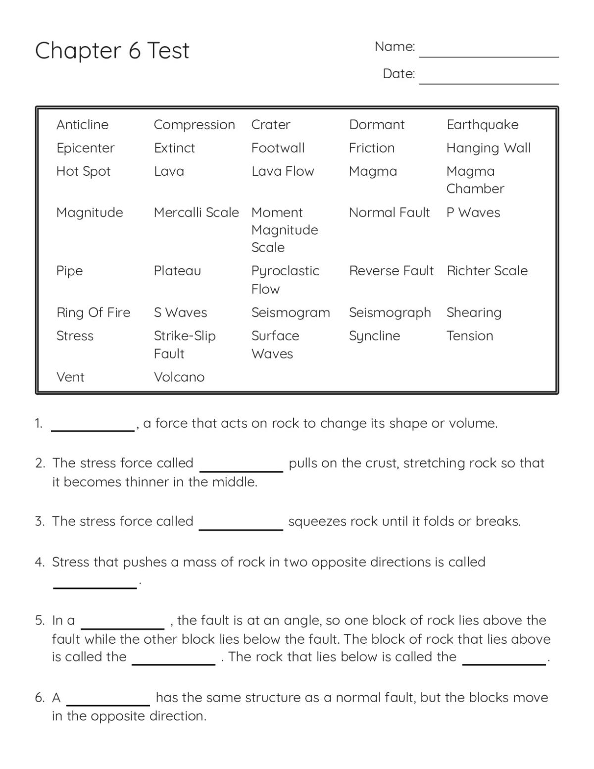6th grade earth science test on earthquakes and volcanoes with fill-in-the-blank and short-answer questions.