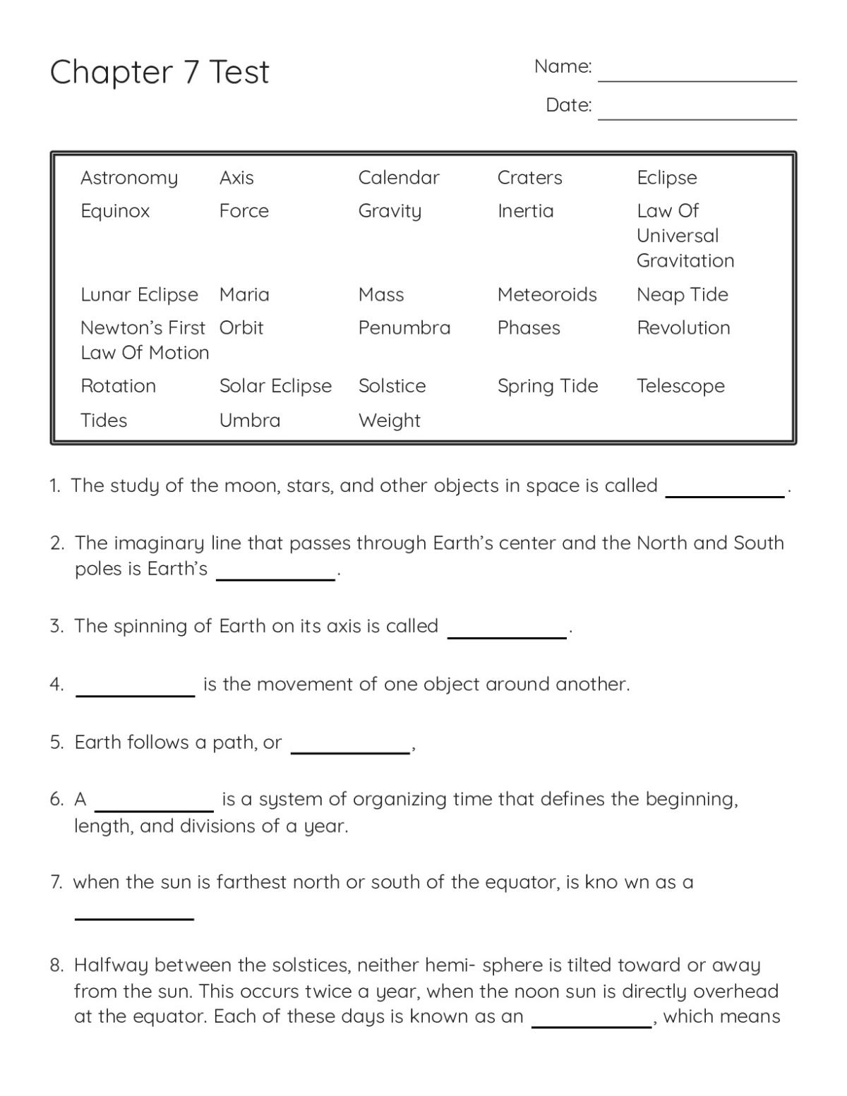 Printable 6th grade earth science test with vocabulary and short-answer questions on moon phases, eclipses, gravity, and tides.