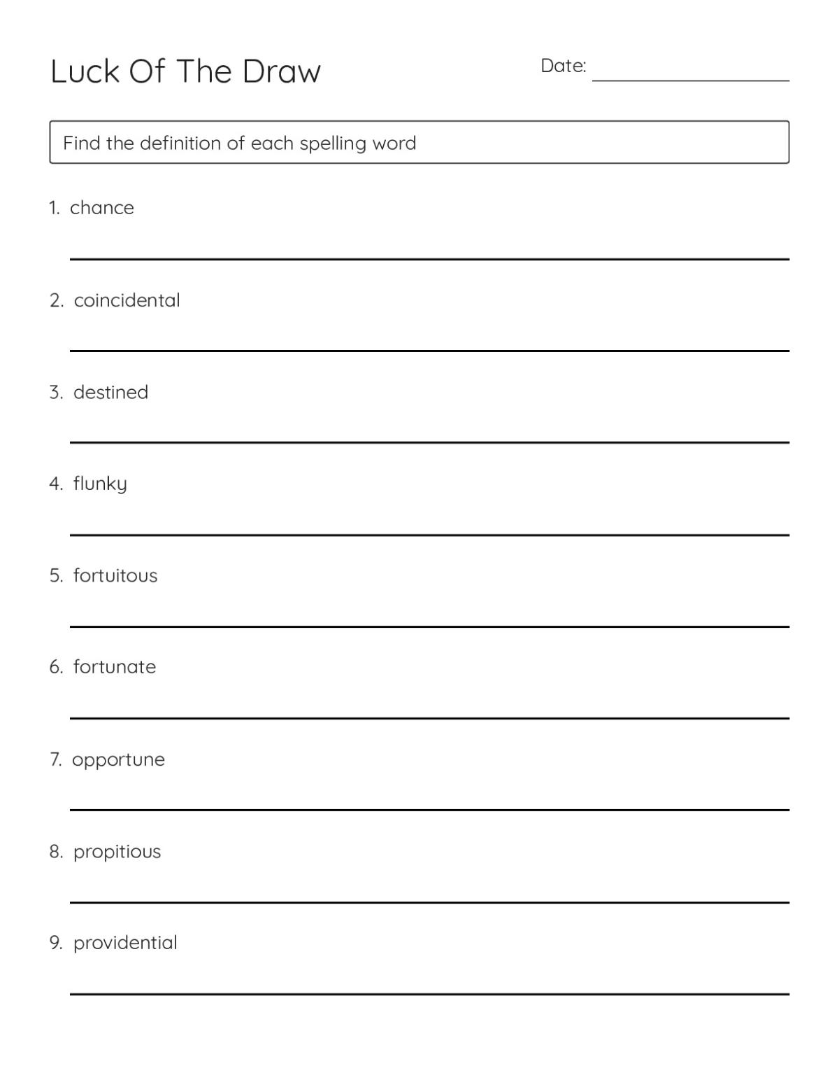 Printable 7th grade vocabulary worksheet with 18 words about luck and fortune, including serendipitous, fortuitous, and calamitous.