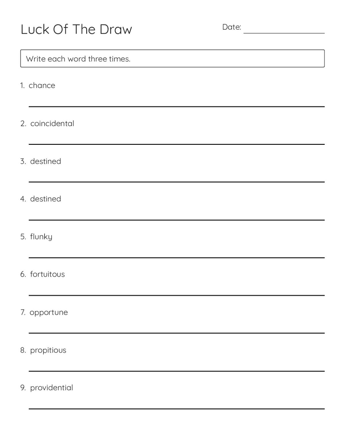 Printable 7th grade vocabulary worksheet with luck-themed words including serendipitous, fortuitous, and calamitous for writing practice.
