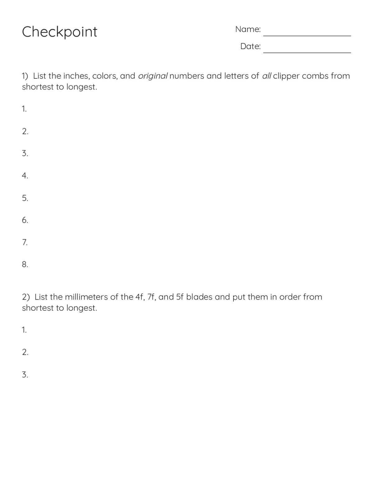 Professional dog grooming training worksheet with 30+ questions on clipper combs, coat types, grooming techniques, and emergency care.
