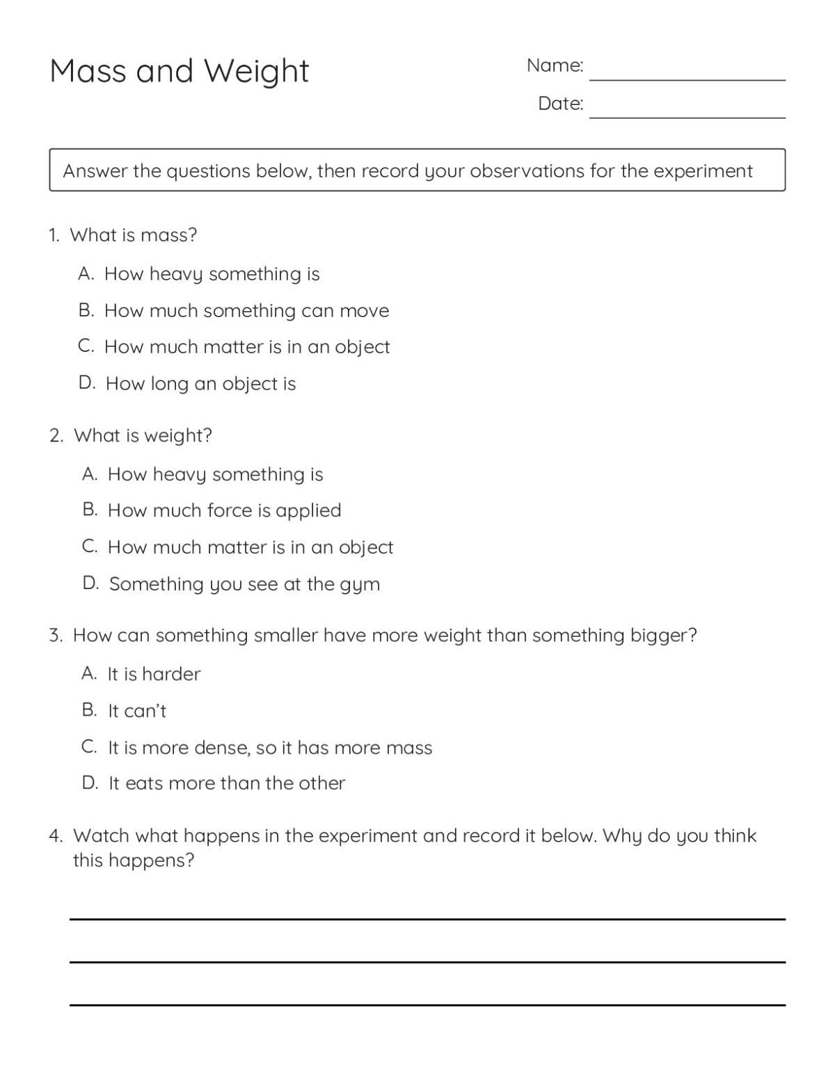 Science worksheet for Grades 1 and 2 with multiple-choice questions about mass and weight and space for recording an experiment.