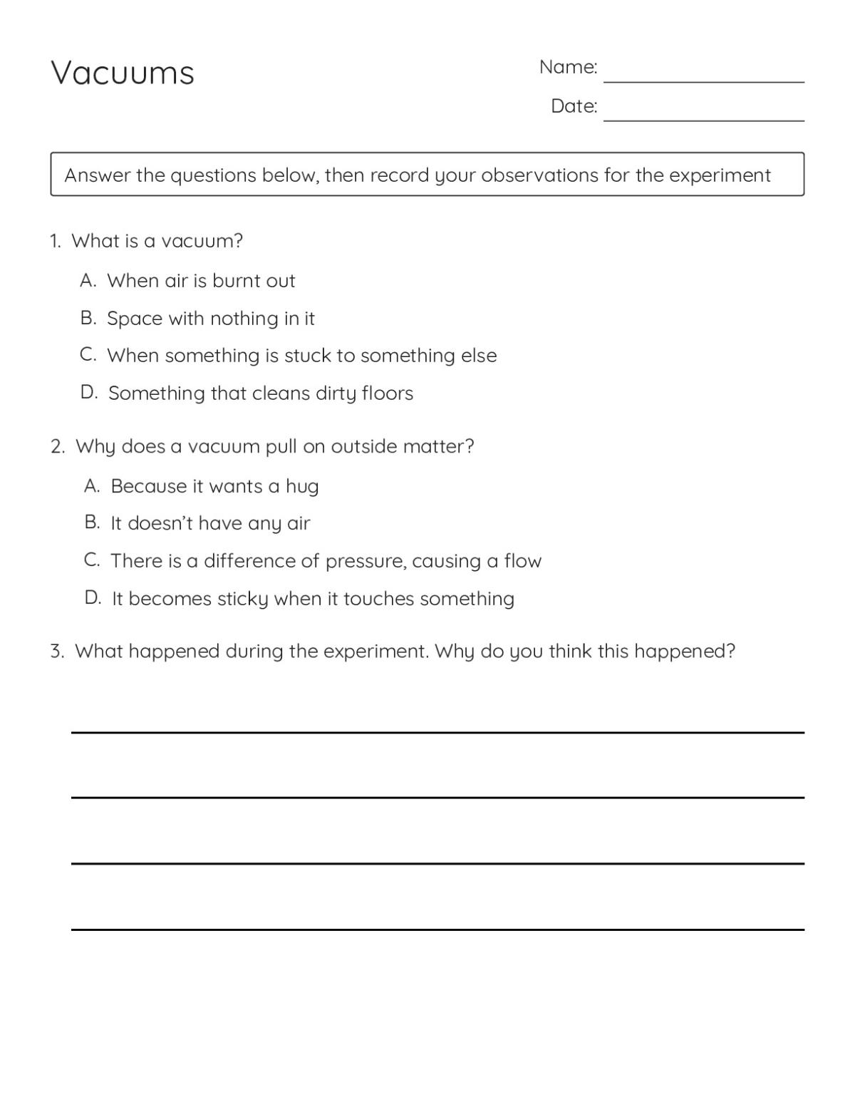 Early-elementary science worksheet on vacuums and air pressure with questions and observation space for Grades 1–2.