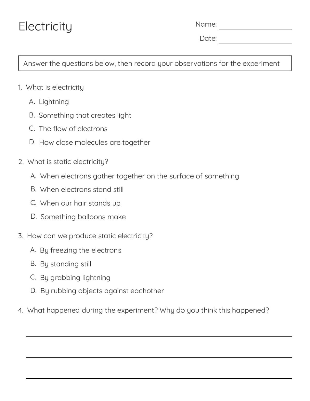 Printable science worksheet for Grades 1 and 2 with multiple-choice questions on electricity and static electricity and space for experiment observations.