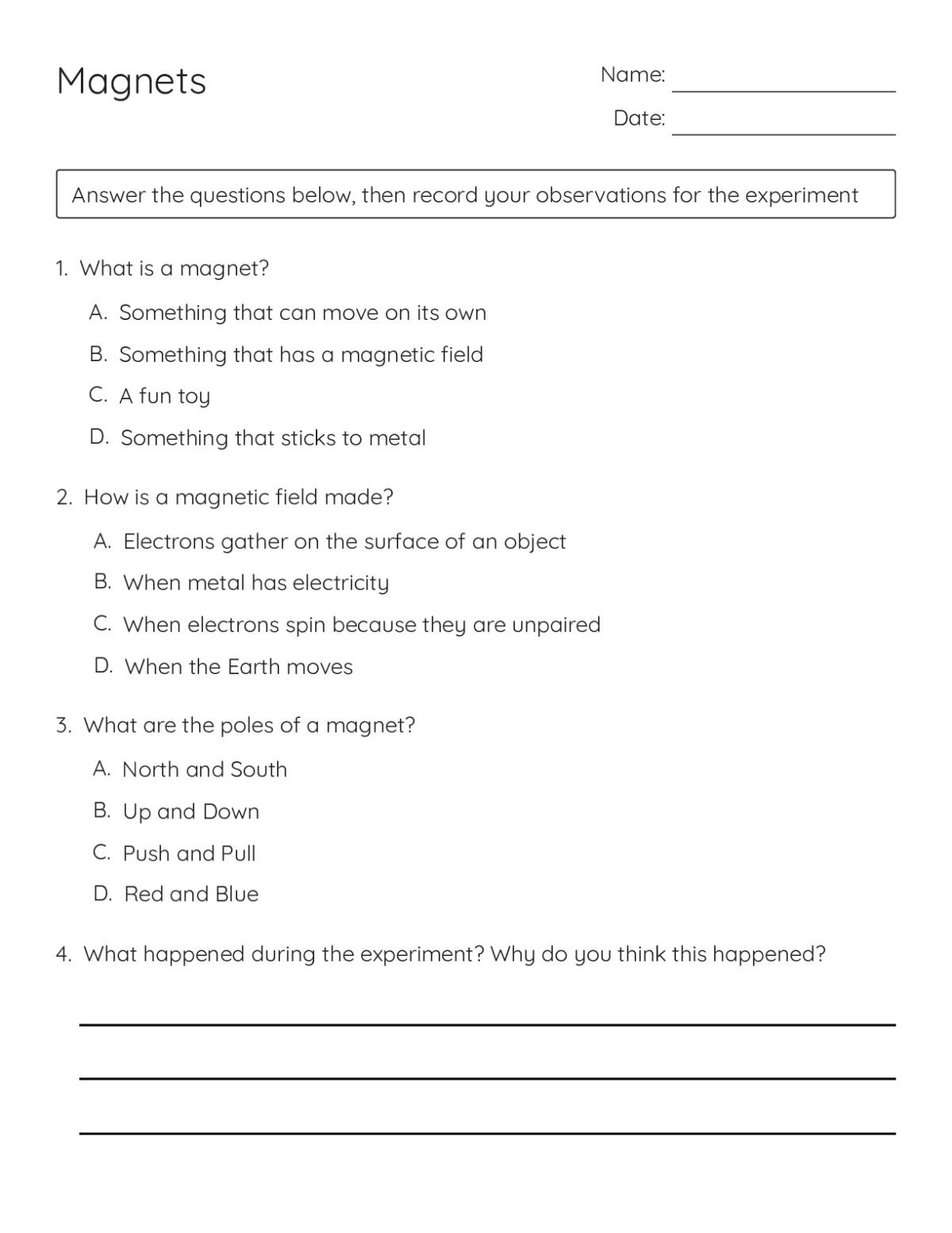 Printable science worksheet for Grades 1 and 2 with multiple-choice questions about magnets and a space to record experiment observations.