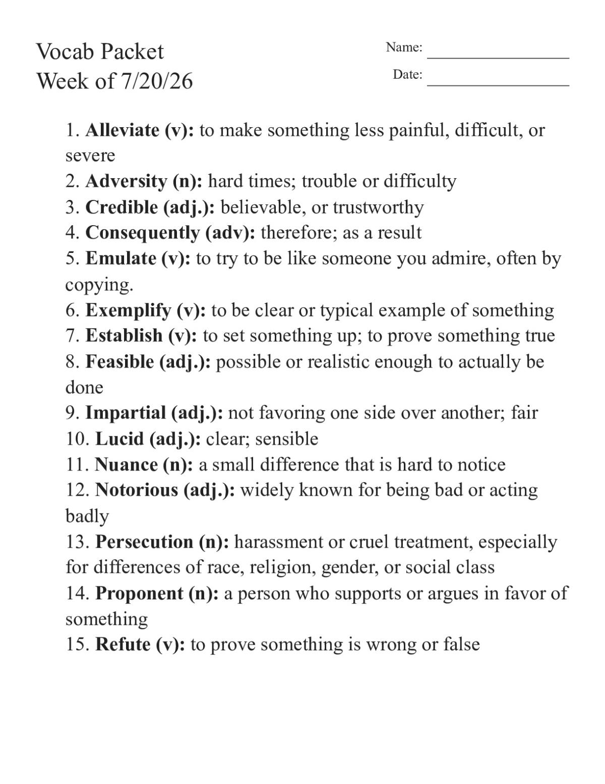 Printable 9th grade vocabulary worksheet with sentence-writing, word scramble, and matching activities for 15 academic words.