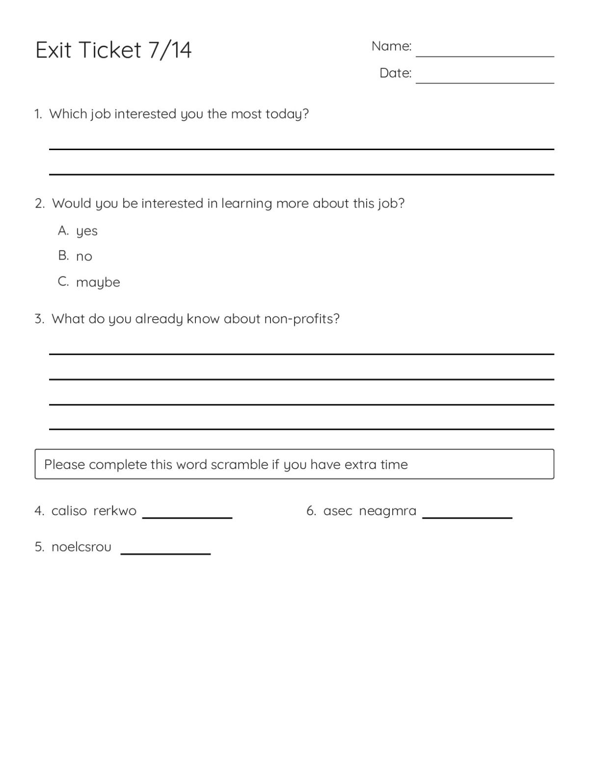 Printable exit ticket for Grades 6 through 8 on nonprofit careers with reflection questions and a word scramble activity.