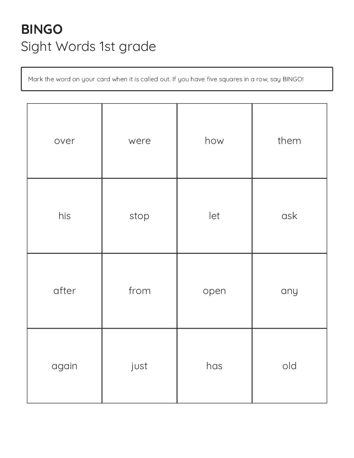 Sight words bingo cards featuring high-frequency early-reading words for Kindergarten and Grade 1.