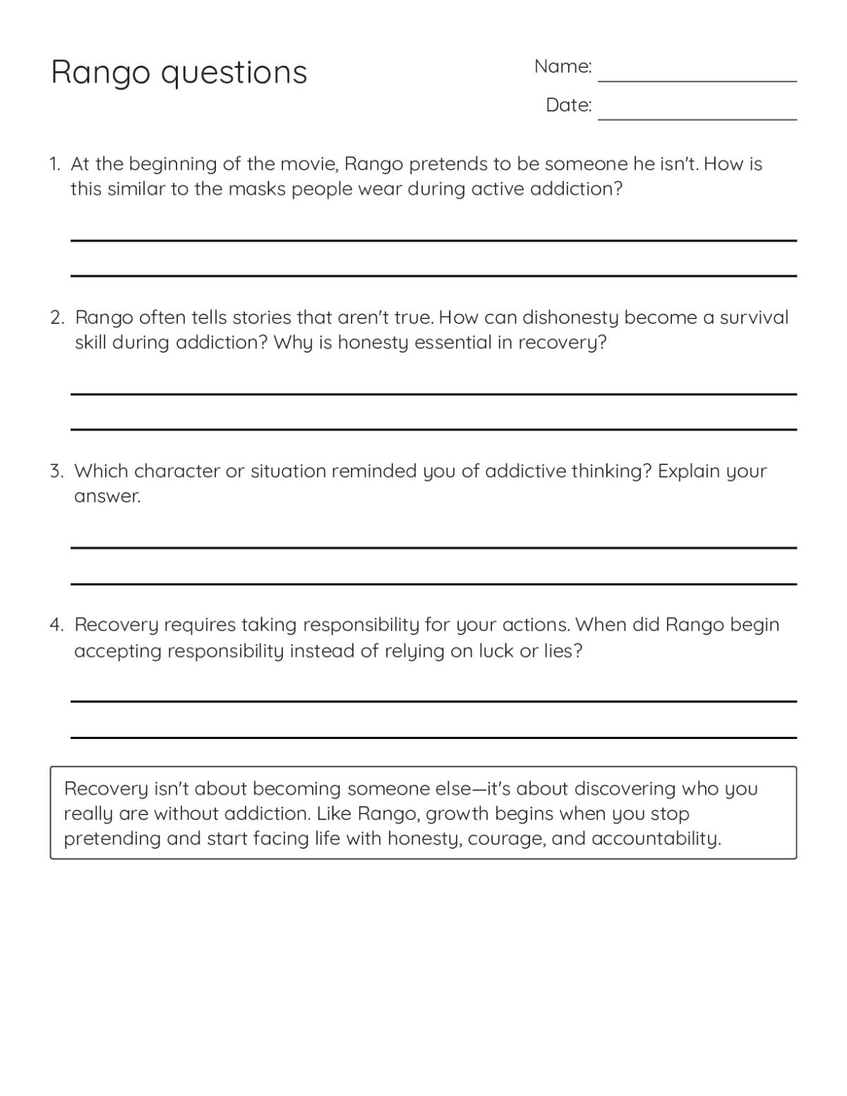 Discussion worksheet on the film Rango exploring themes of honesty, identity, and accountability in addiction recovery for adult learners.