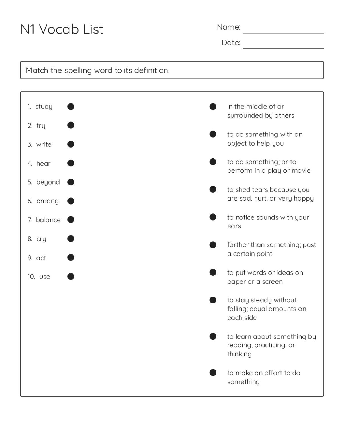 Printable 4th grade vocabulary matching worksheet with words like study, balance, and rule paired with definitions.