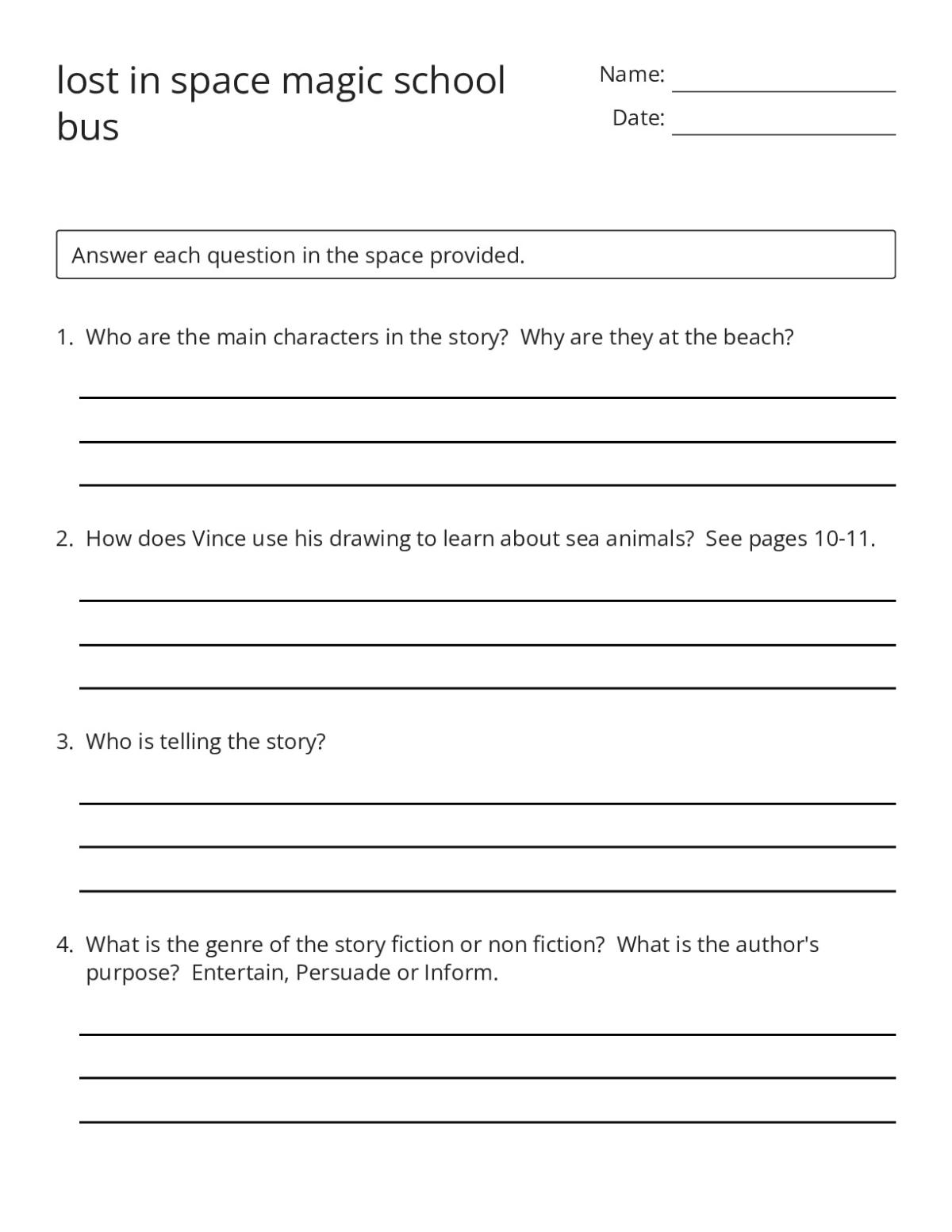 Printable 6th grade reading comprehension worksheet with questions on the Magic School Bus "Lost in Space" story.