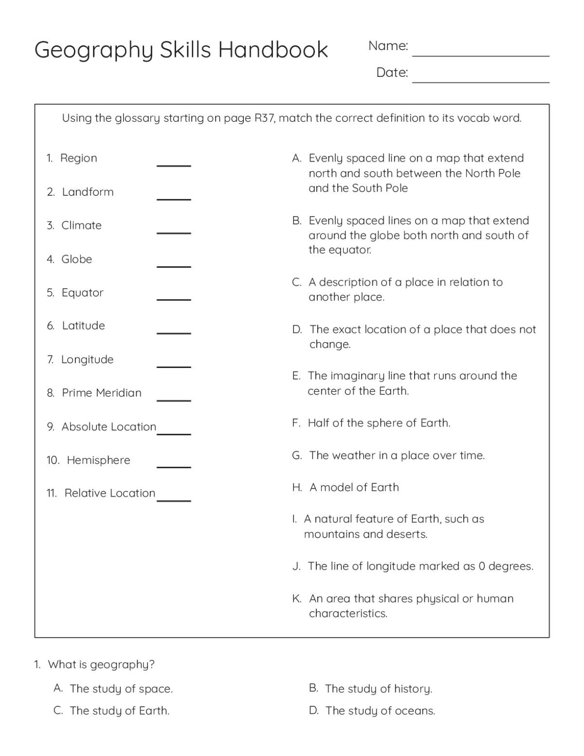 Printable 4th grade geography worksheet with questions on map reading, U.S. states, regions, and elevation maps.