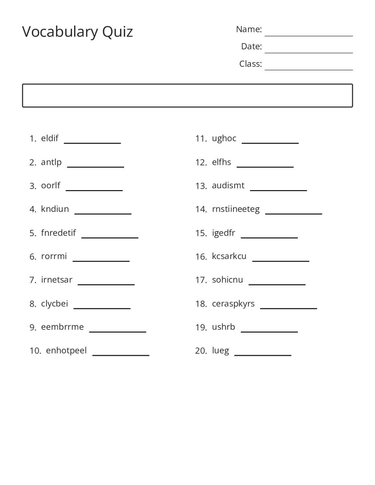 Printable 5th grade vocabulary worksheet with matching activity and 20 unscramble words including plant, stadium, and bicycle.