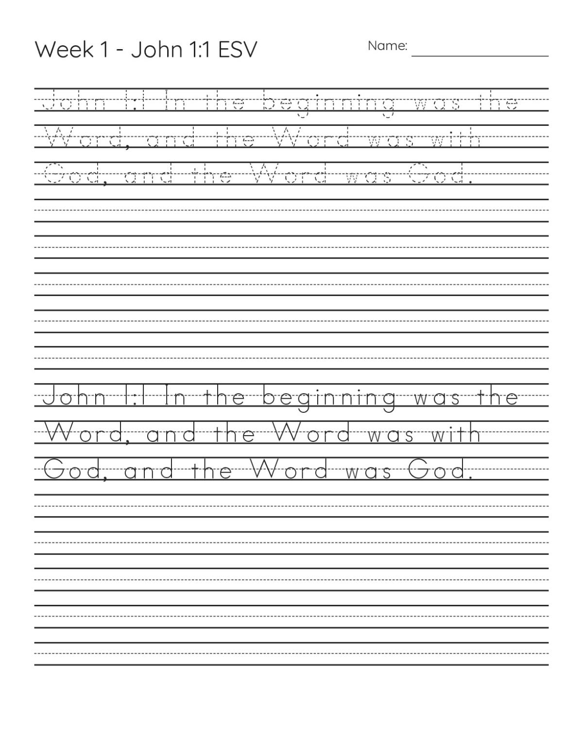 Printable handwriting practice worksheet for K–2 students copying John 1:1 from the Bible.