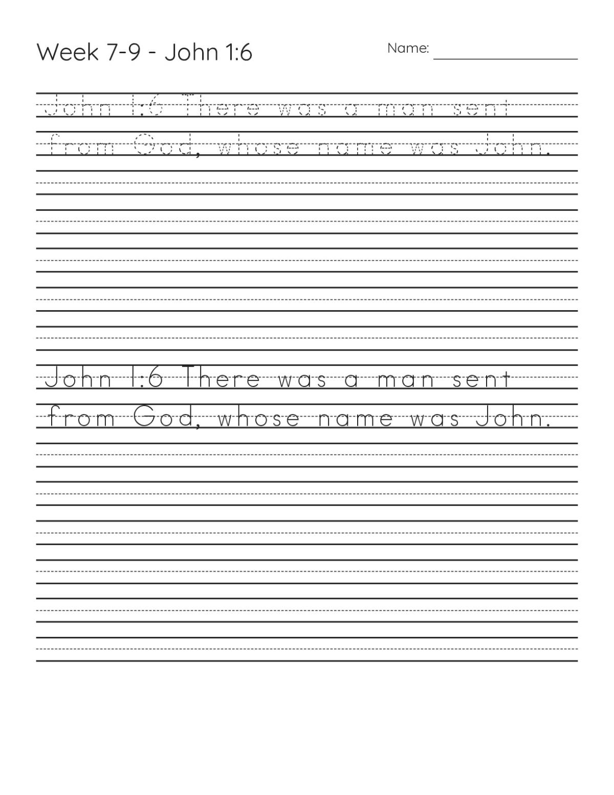 Printable handwriting worksheet for early elementary students practicing Bible verse John 1:6.