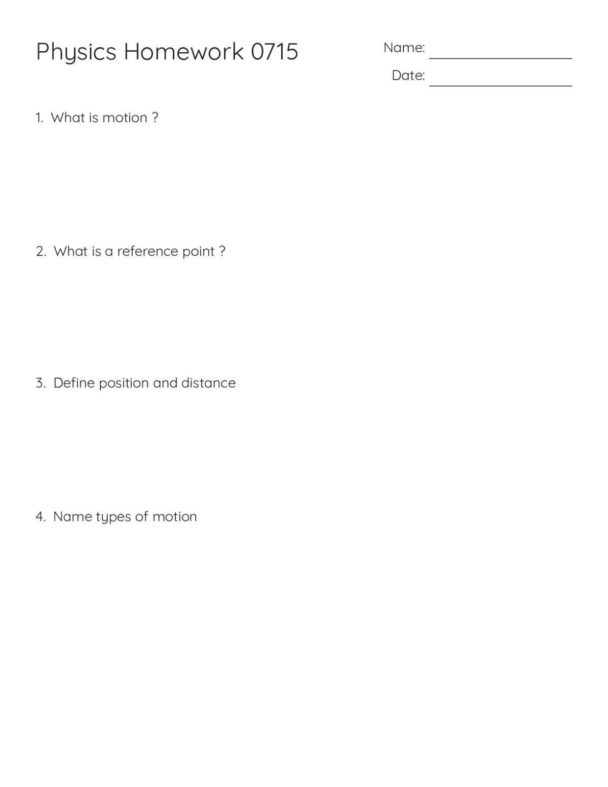 Printable 6th grade physics worksheet with short-answer questions on motion, reference points, and distance.