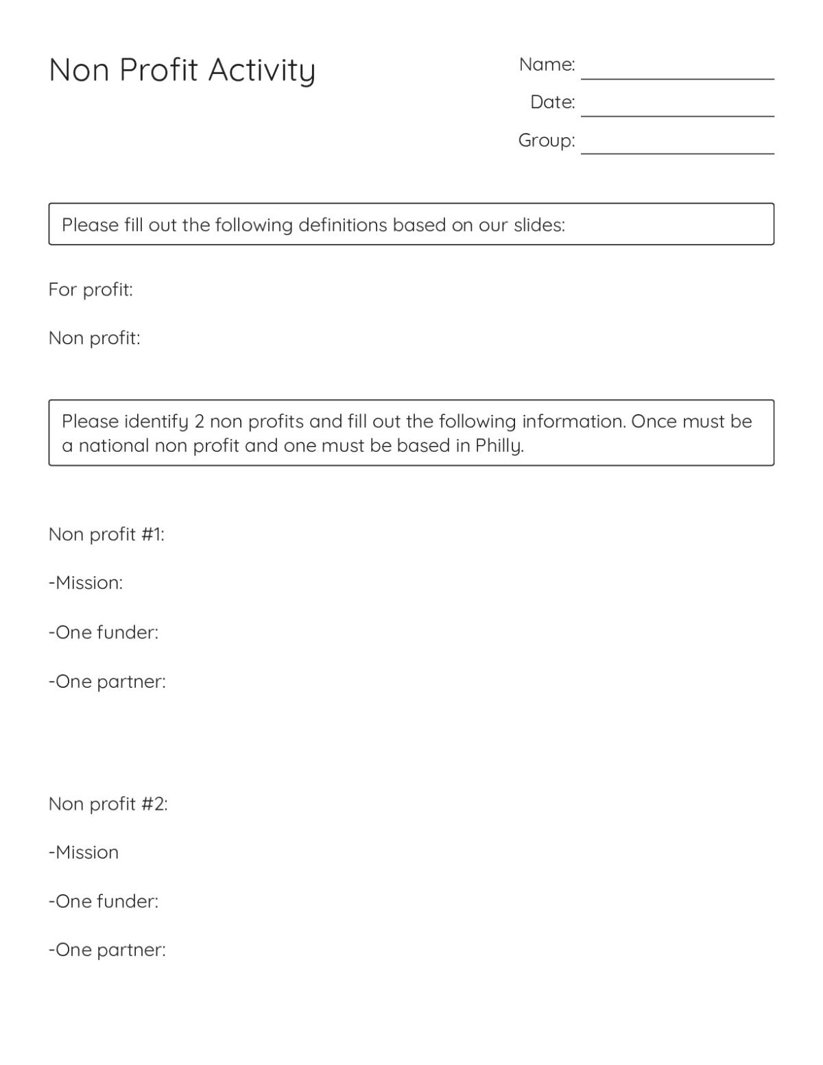 Printable 8th grade civics worksheet on non-profit organizations with research and definition activities.