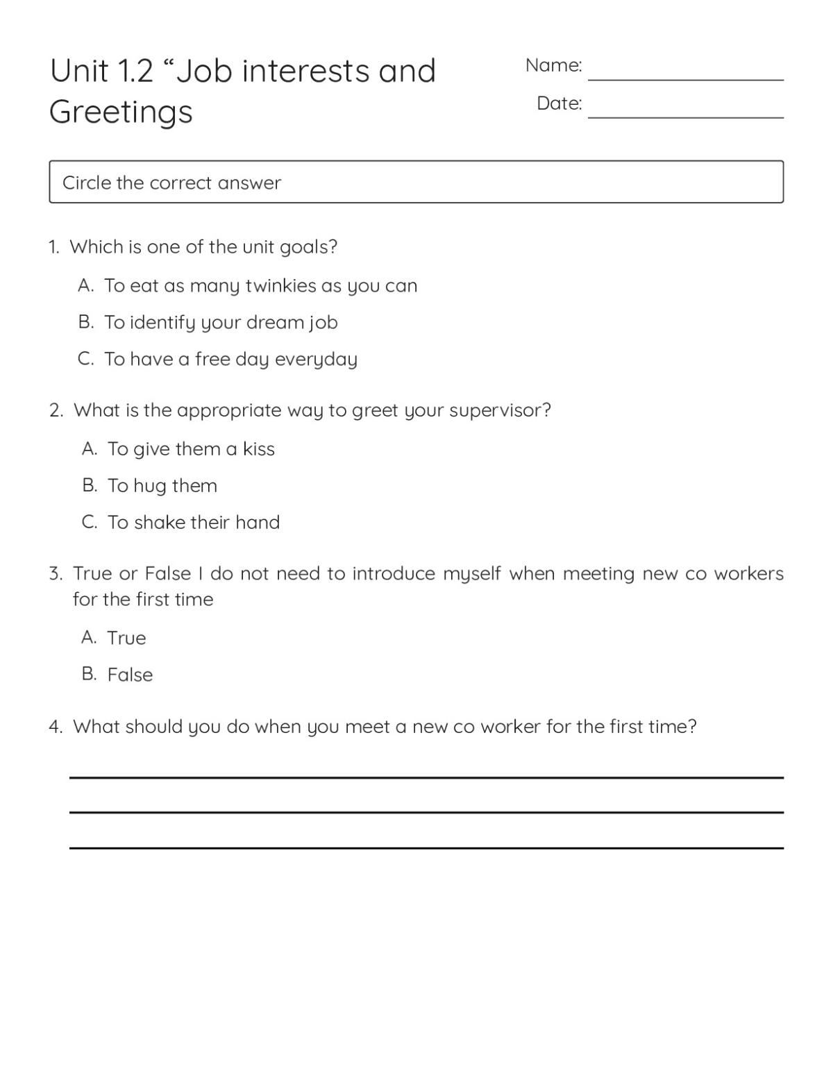 Printable workplace skills worksheet with multiple-choice questions on professional greetings and introducing yourself to coworkers.