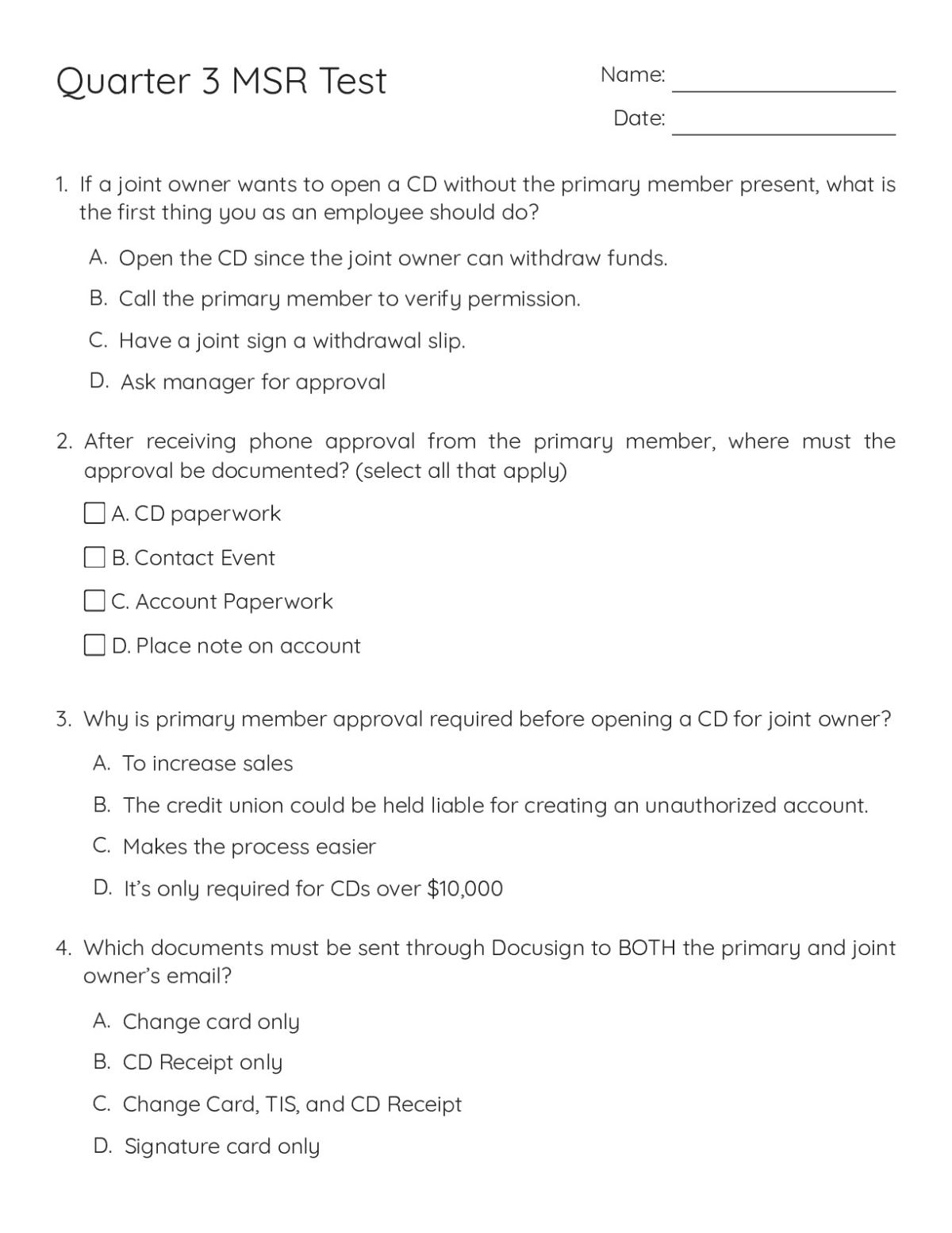 Credit union employee training test with 25 multiple-choice questions on account procedures, CD services, and transaction policies.