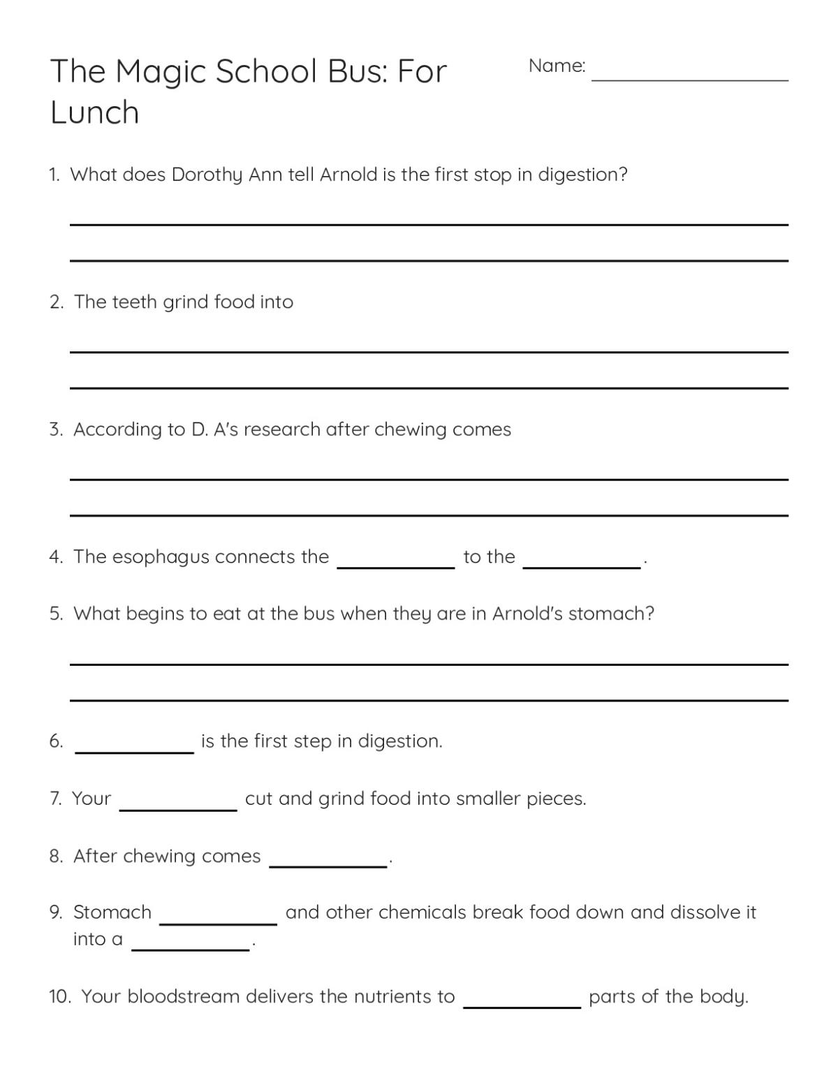 Science worksheet on human digestion with questions about The Magic School Bus: For Lunch episode, covering teeth, stomach, and intestines.