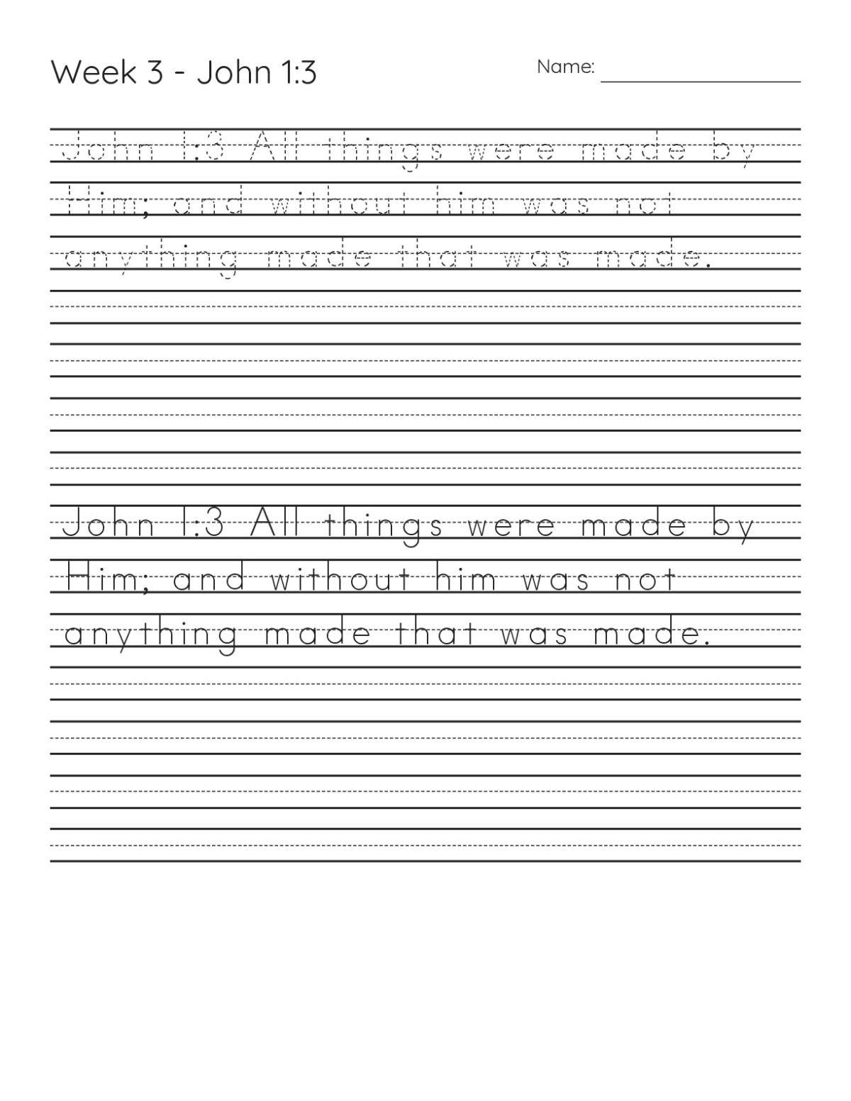 Printable Bible handwriting worksheet for kindergarten through 2nd grade with John 1:3 scripture practice.