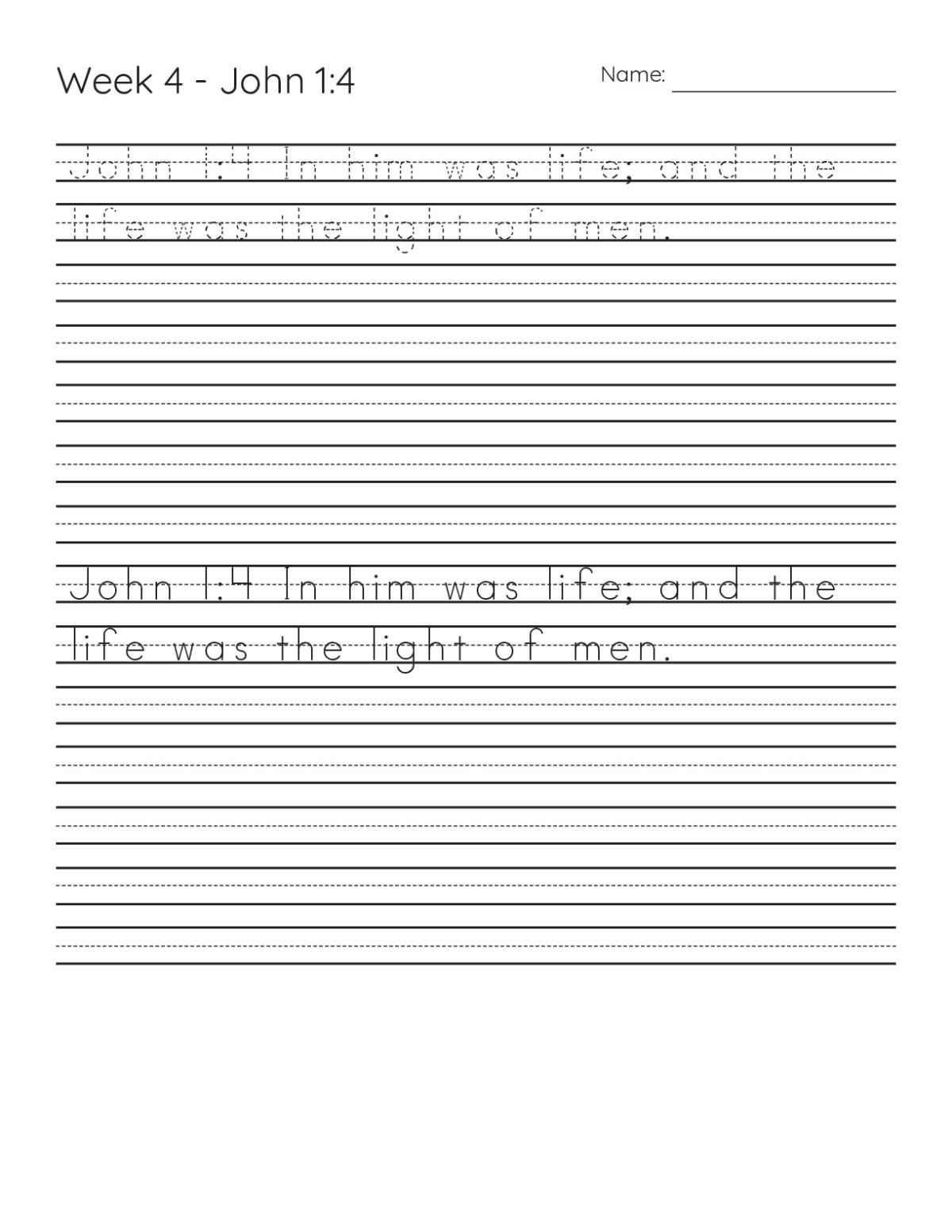 Printable K–2nd grade handwriting worksheet with lines for students to copy John 1:4.