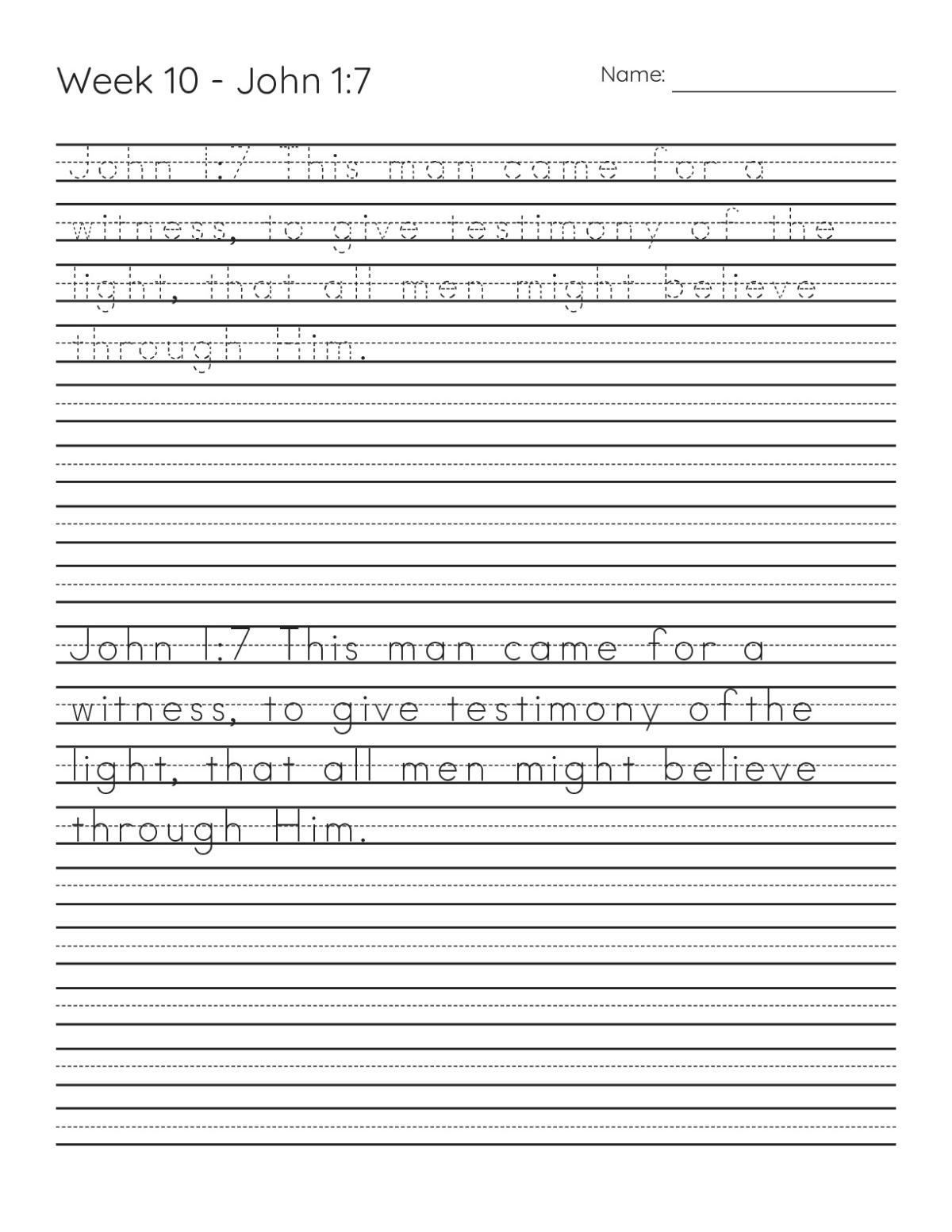 Handwriting practice worksheet for young students with John 1:7 scripture text for copying.