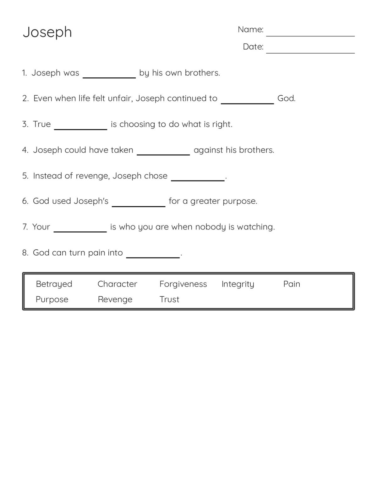 Fill-in-the-blank worksheet with eight sentences about Joseph, using word-bank terms including forgiveness, integrity, and trust.