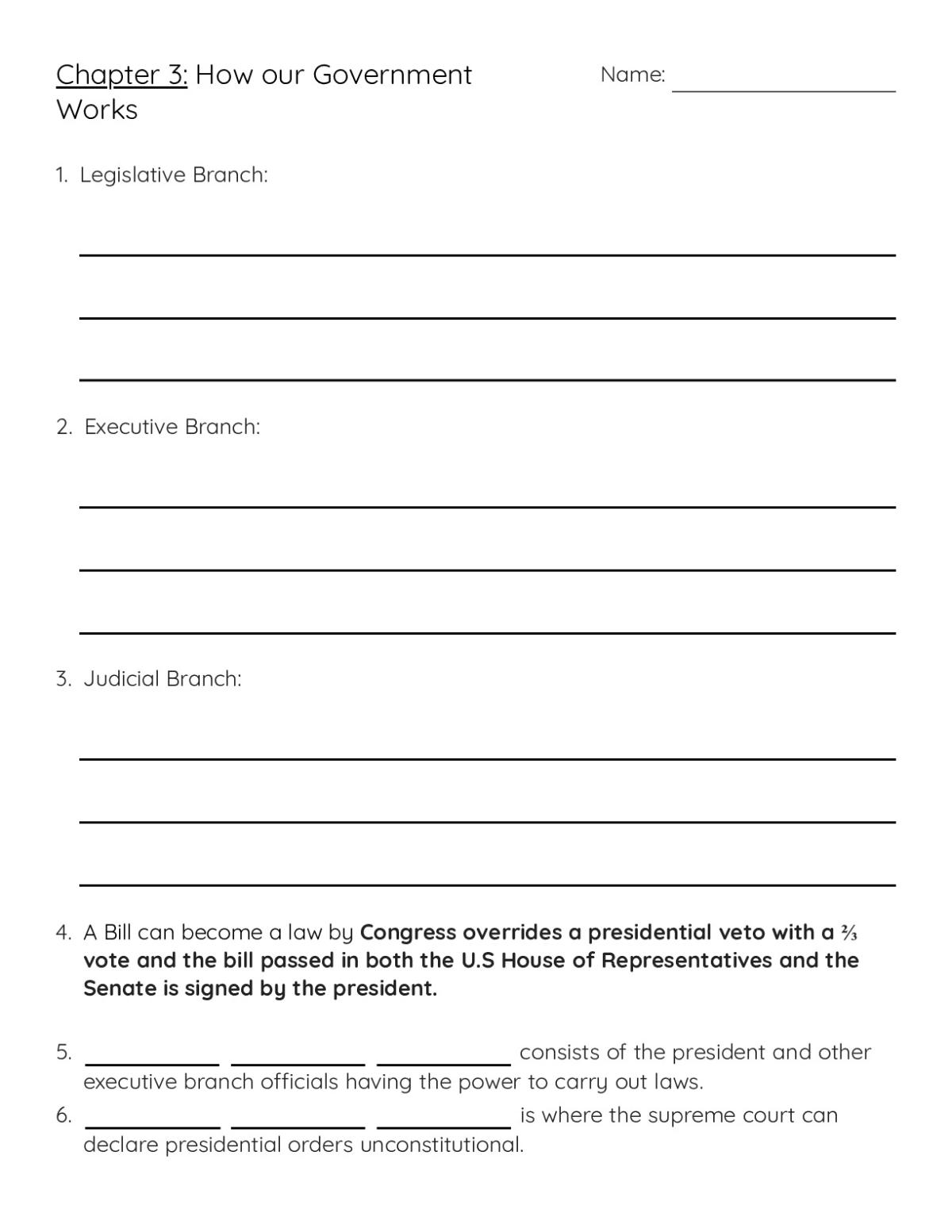 Printable 3rd grade civics worksheet on the three branches of government, separation of powers, and checks and balances.