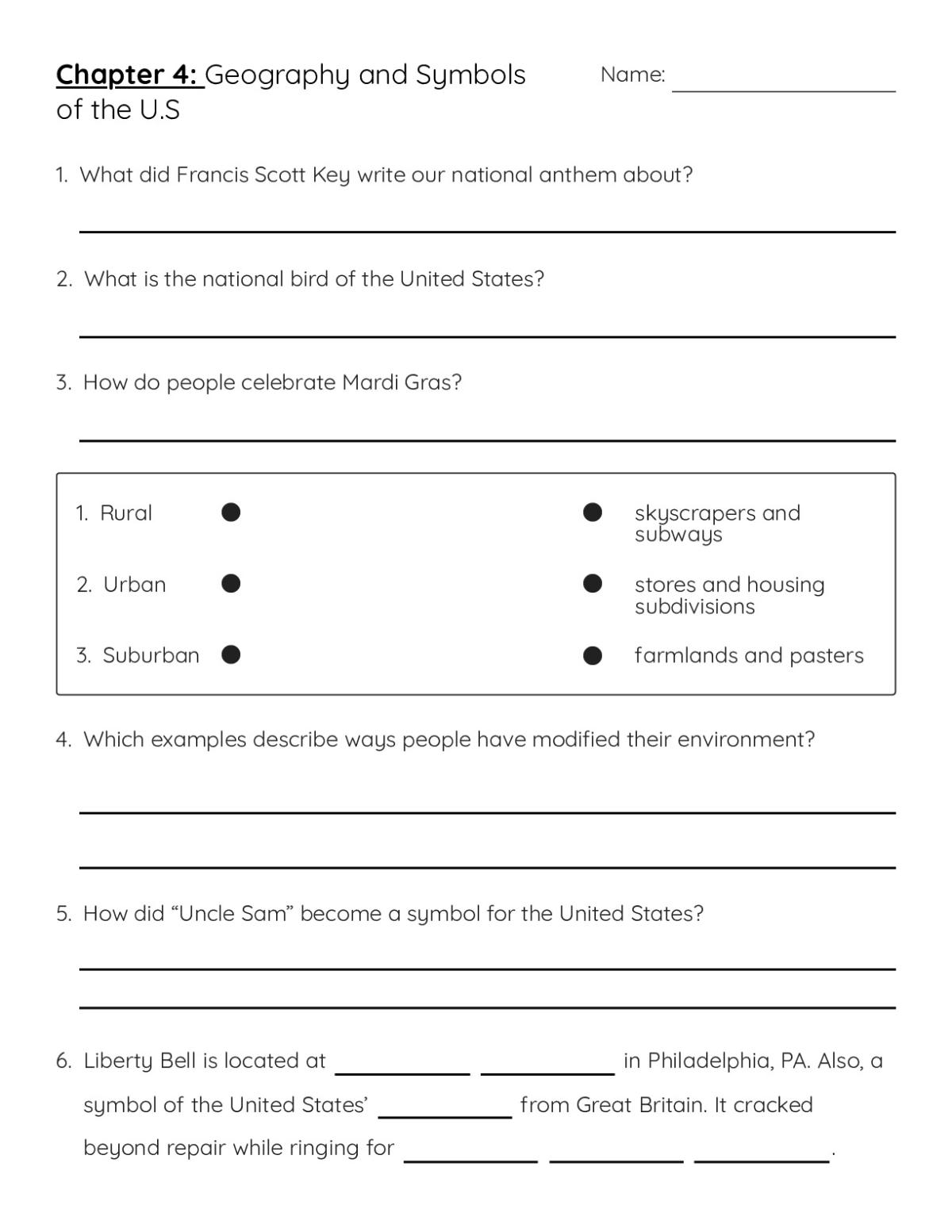 Printable 3rd grade worksheet with questions on U.S. symbols including the Liberty Bell, Uncle Sam, and the national bird.