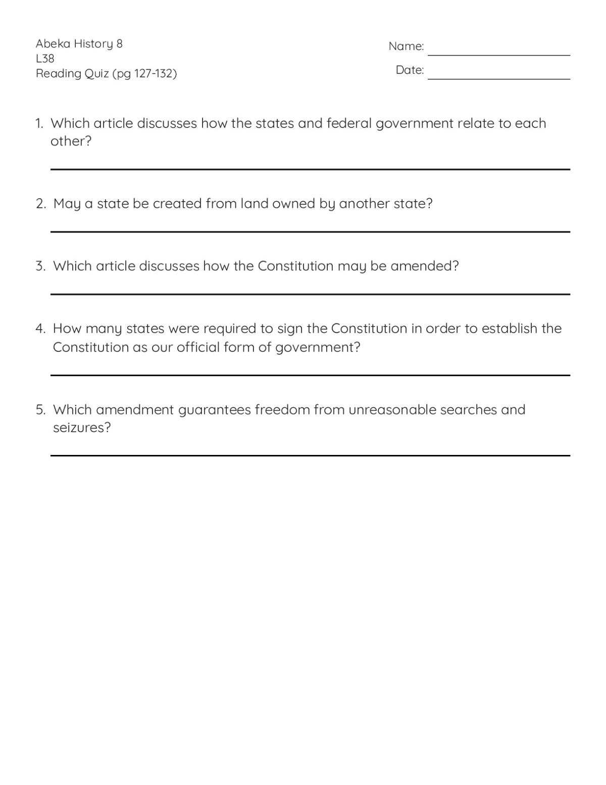 8th grade civics quiz with five short-answer questions on the U.S. Constitution, federalism, and amendments.