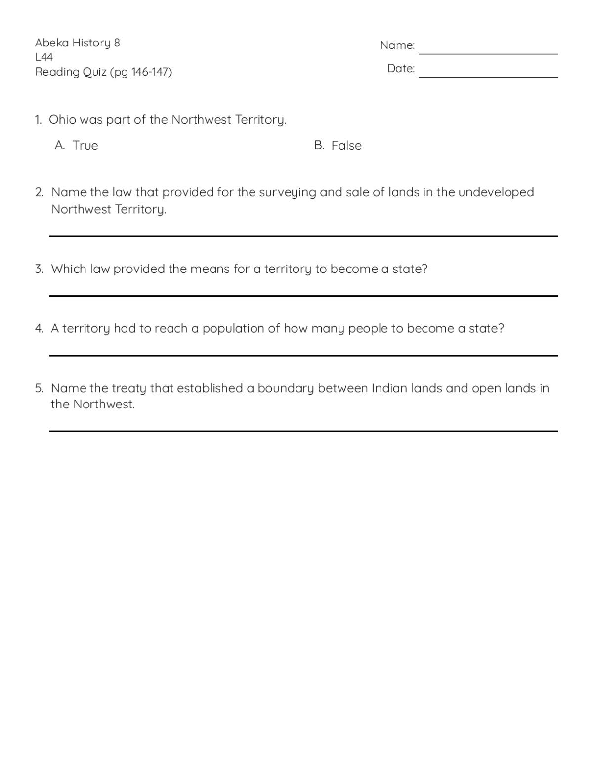 Printable 8th grade history quiz with five questions on the Northwest Territory, the Land Ordinance, and the Northwest Ordinance.