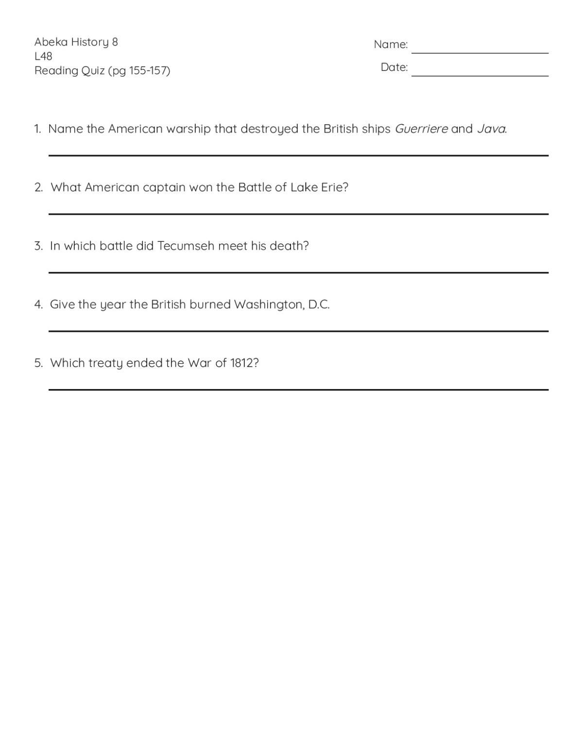 Printable 8th grade history quiz with five questions on the War of 1812, including battles and military leaders.