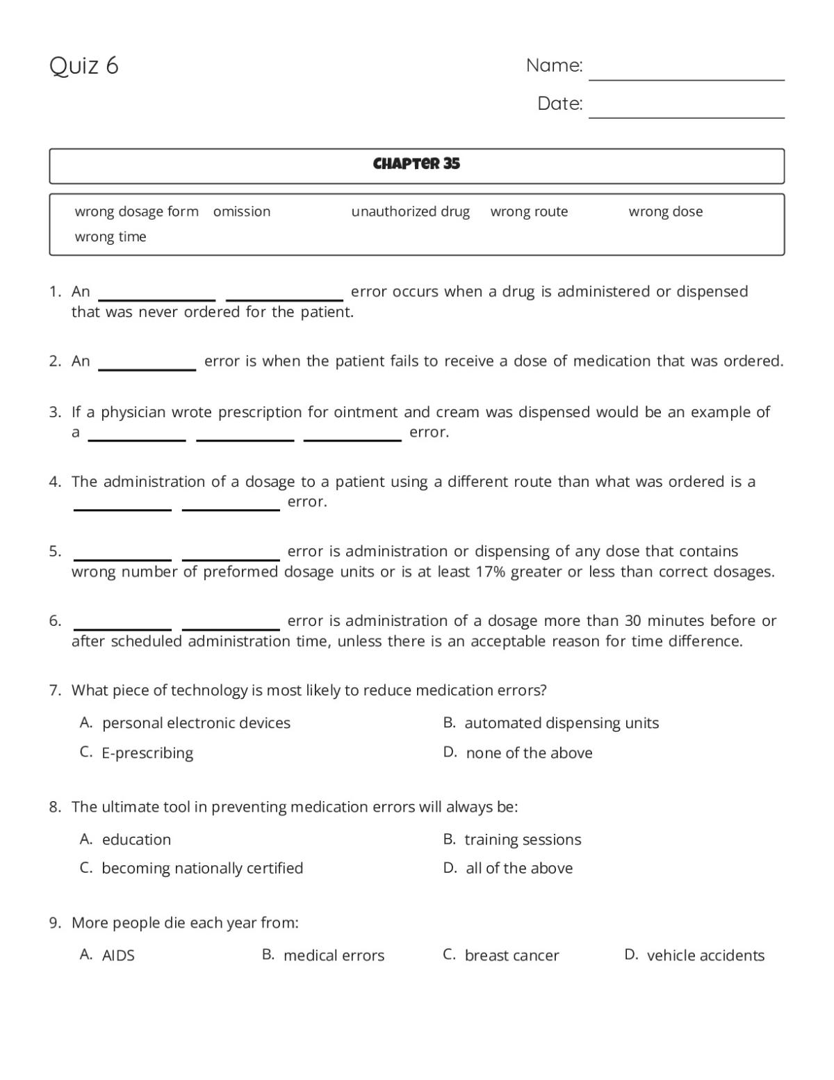 Pharmacy practice quiz with medication error types, workplace safety protocols, and dosage calculations for healthcare students.