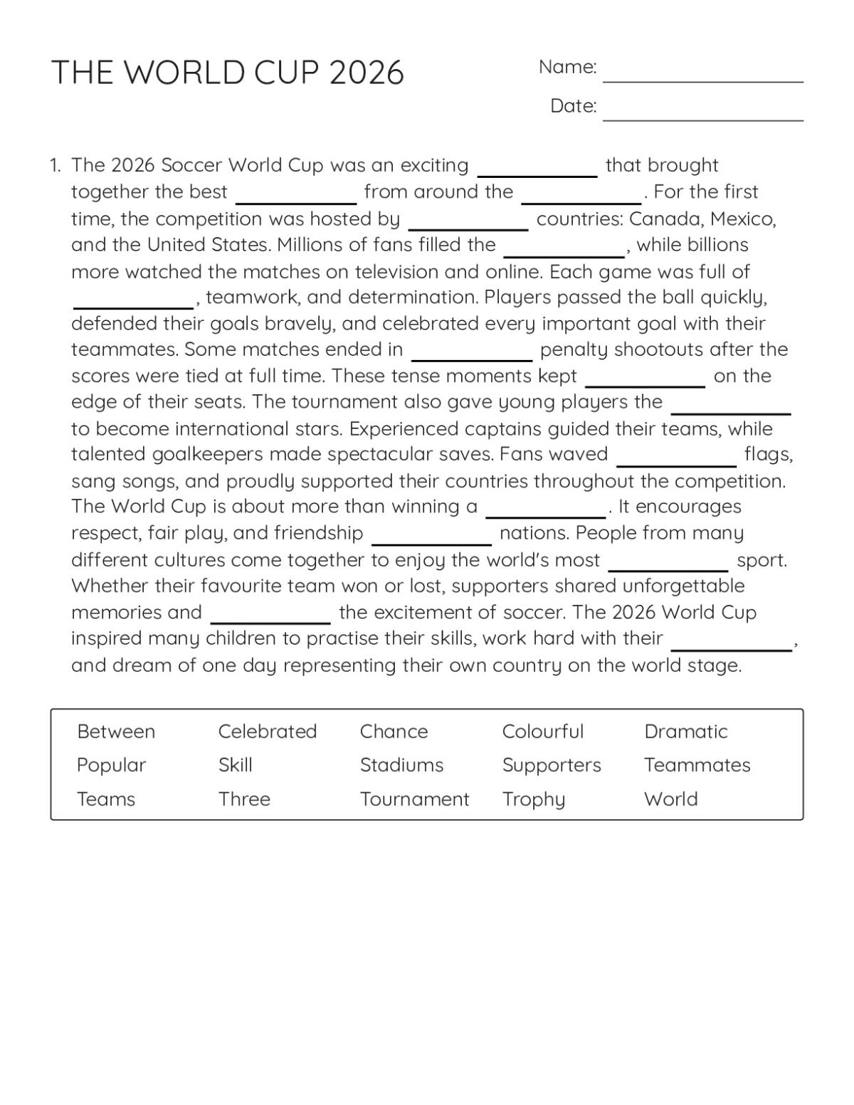 Printable 6th grade fill-in-the-blank worksheet about the 2026 World Cup with vocabulary words like tournament, stadiums, and supporters.