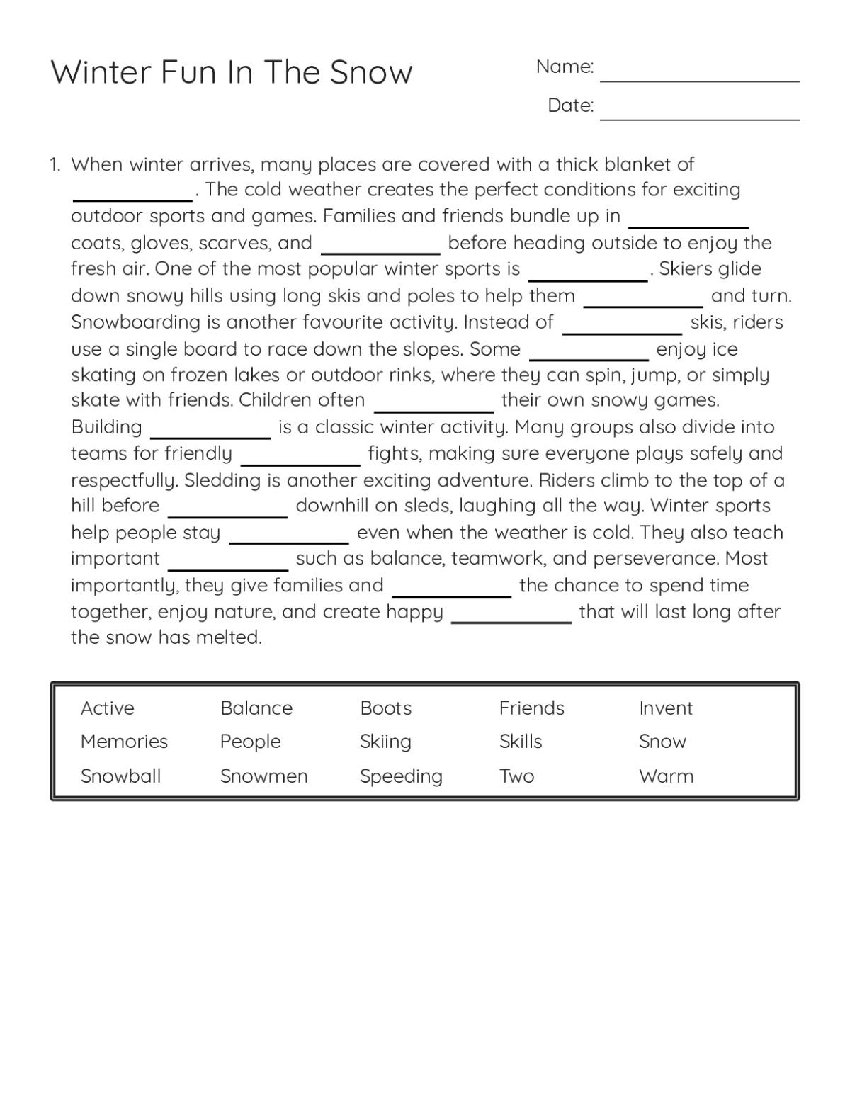 6th grade reading worksheet with fill-in-the-blank activity about winter sports including skiing, sledding, and snowmen.